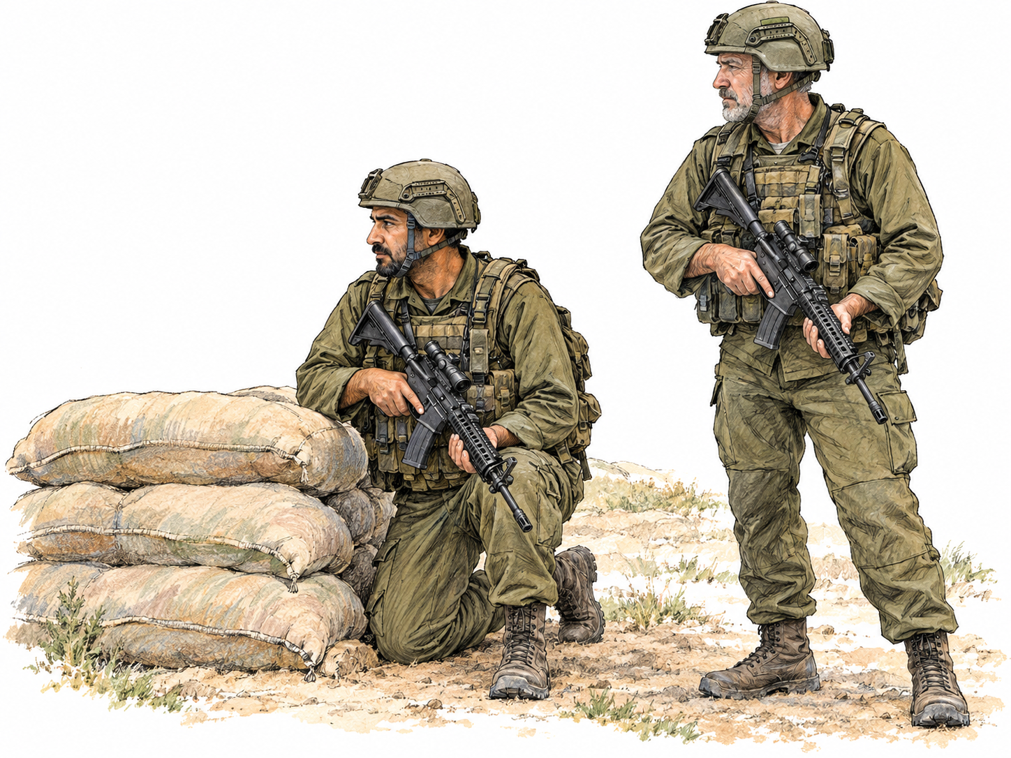 Two uniformed soldiers conducting a field drill, with helmets, tactical equipment and safely handled training rifles making the military association immediately visible.