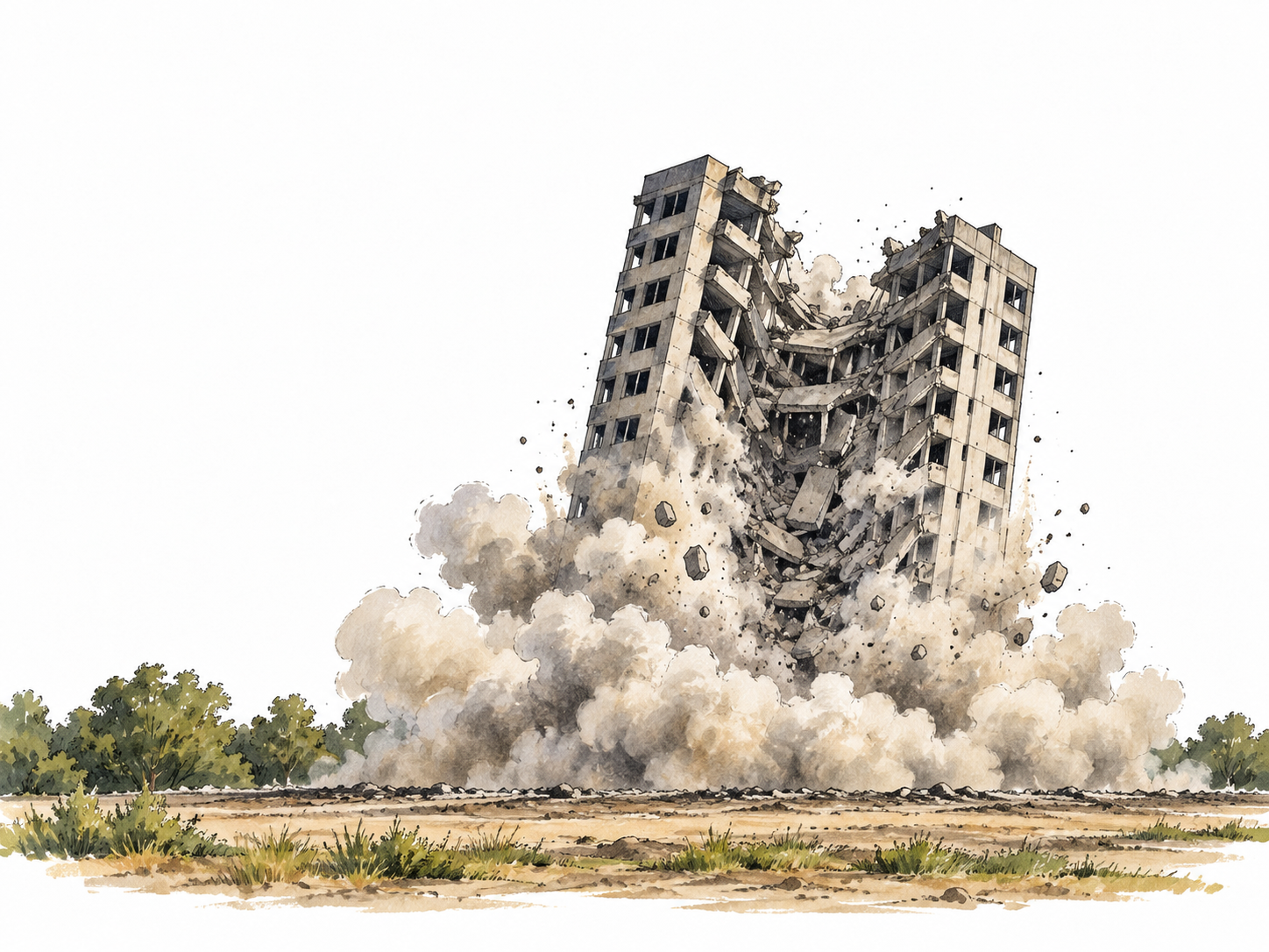 An empty condemned tower collapses inward toward its center in a contained cloud of dust, distant safe viewpoint.