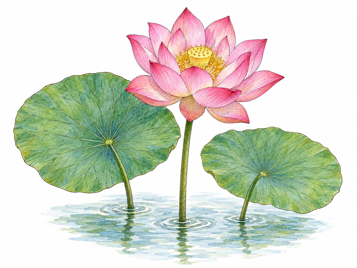 A flowering lotus growing in a small patch of pond water, with one large pink blossom and broad round leaves held above the surface on upright stalks.