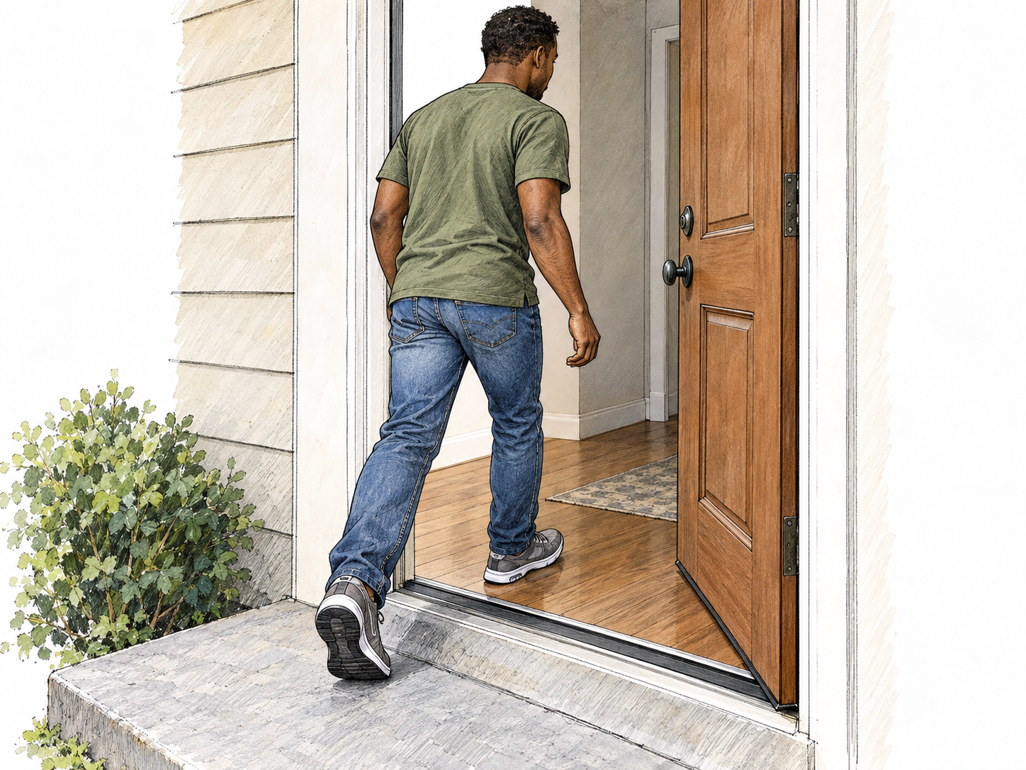 A man crosses an open doorway from an exterior stoop into a room, with his leading foot already on the interior floor and his trailing foot outside.