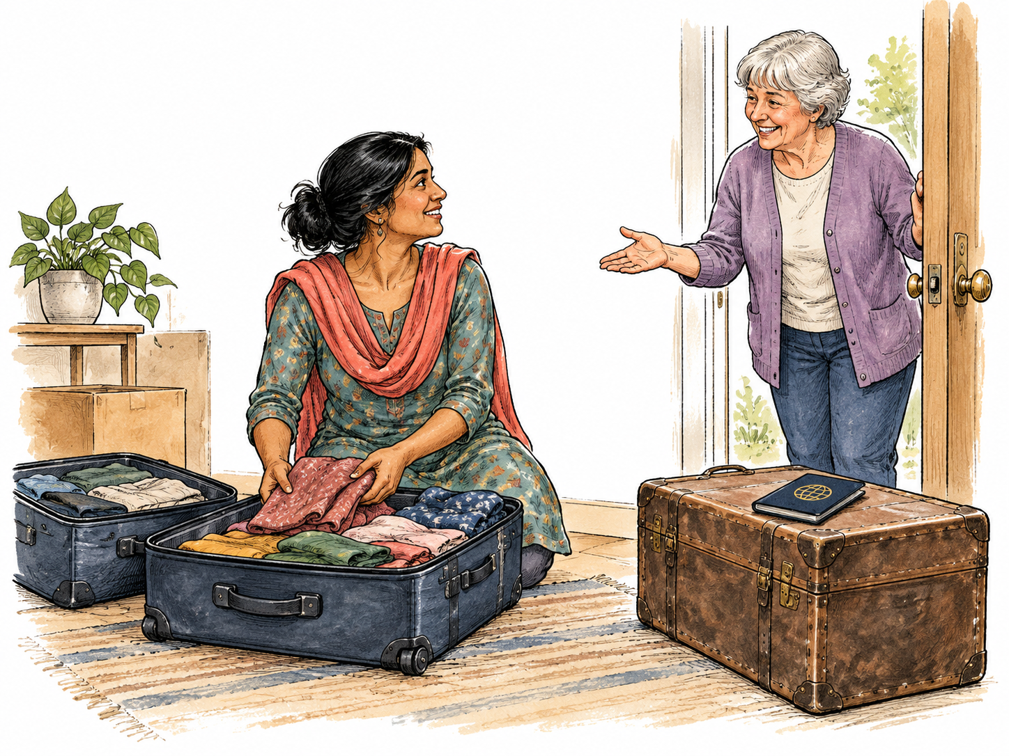 An adult newcomer unpacks two suitcases in a modest new home while a local neighbor welcomes her; a closed passport and old travel trunk imply international permanent relocation, no flags or text.