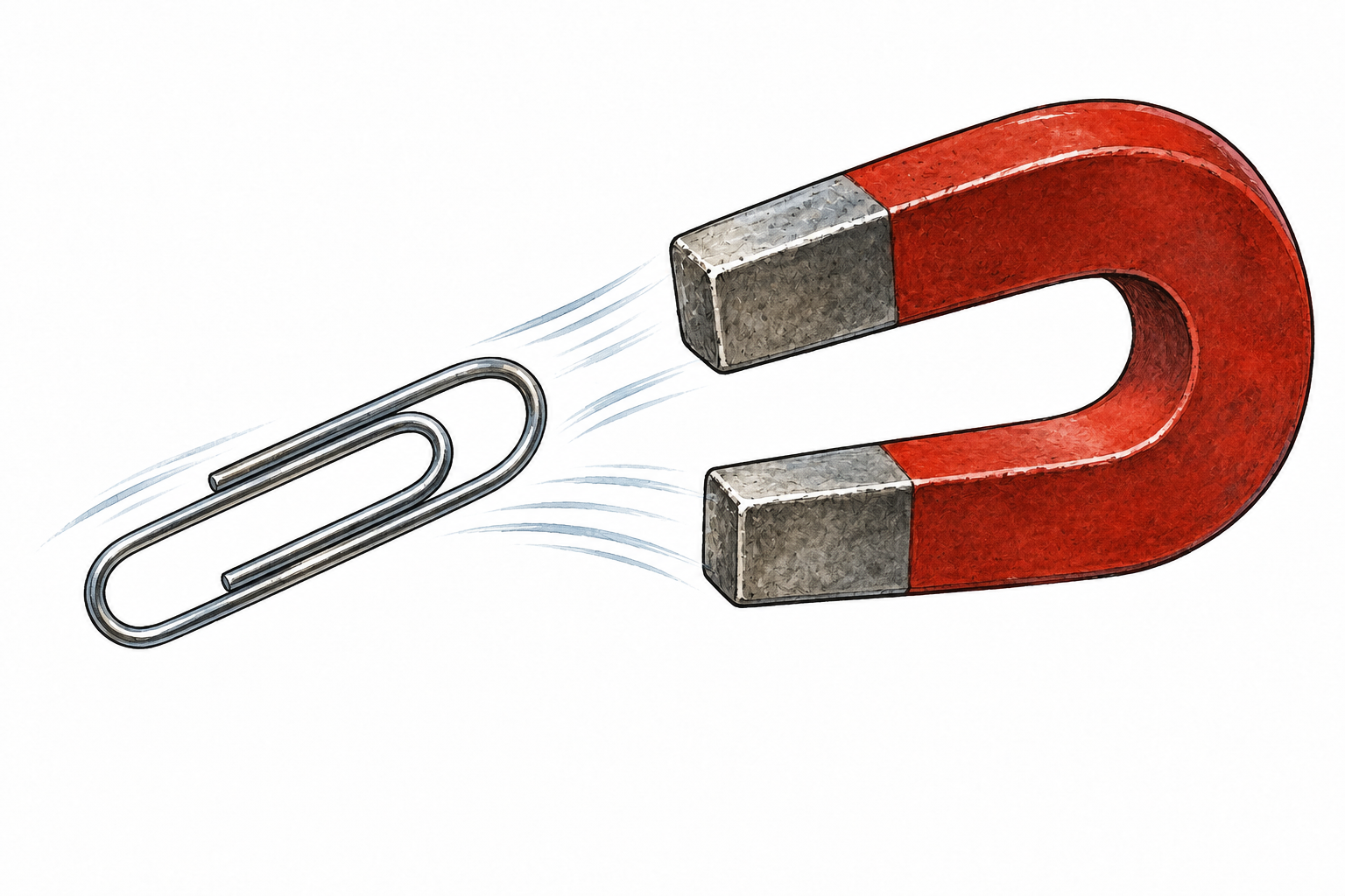 An iron paperclip pulled toward a bar magnet, unmistakable magnetic attraction.