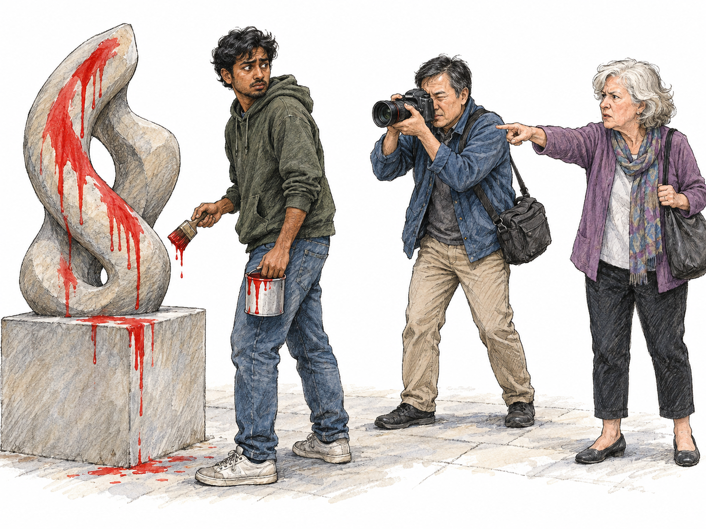 A vandal attracts unwanted public attention: a reporter photographs him beside a freshly paint-smeared public sculpture while a passerby recognizes him and points with disapproval.