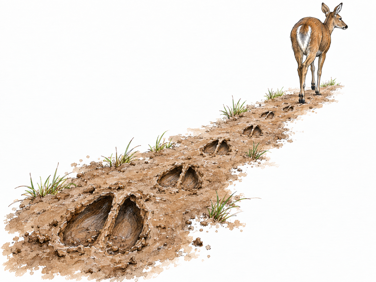 A clear trail of fresh deer hoofprints pressed into soft mud, leading toward a deer walking away.