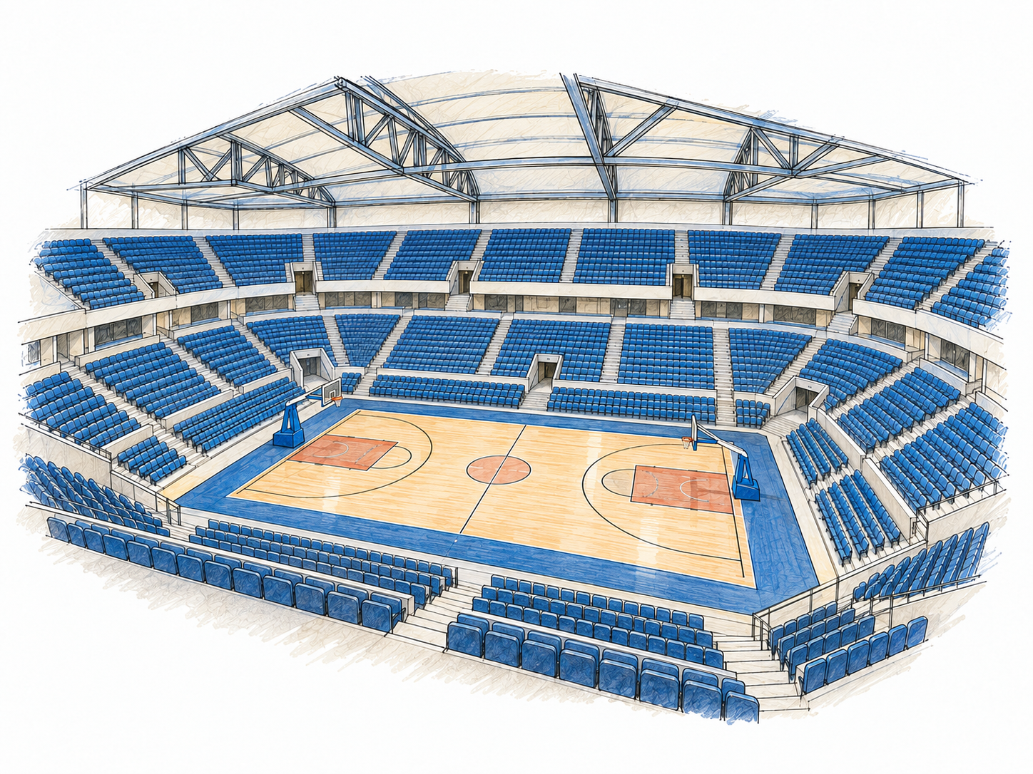 An empty modern indoor sports arena viewed from the upper seating: tiered seats wrap around a central basketball court, with hoops at opposite ends.