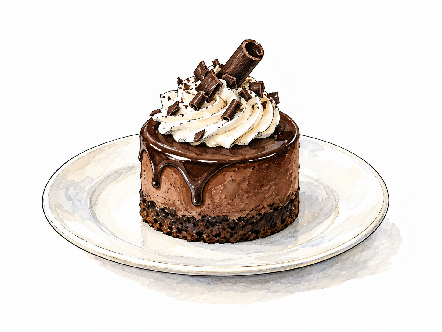 An elegant small confection of chocolate and cream on a white plate.