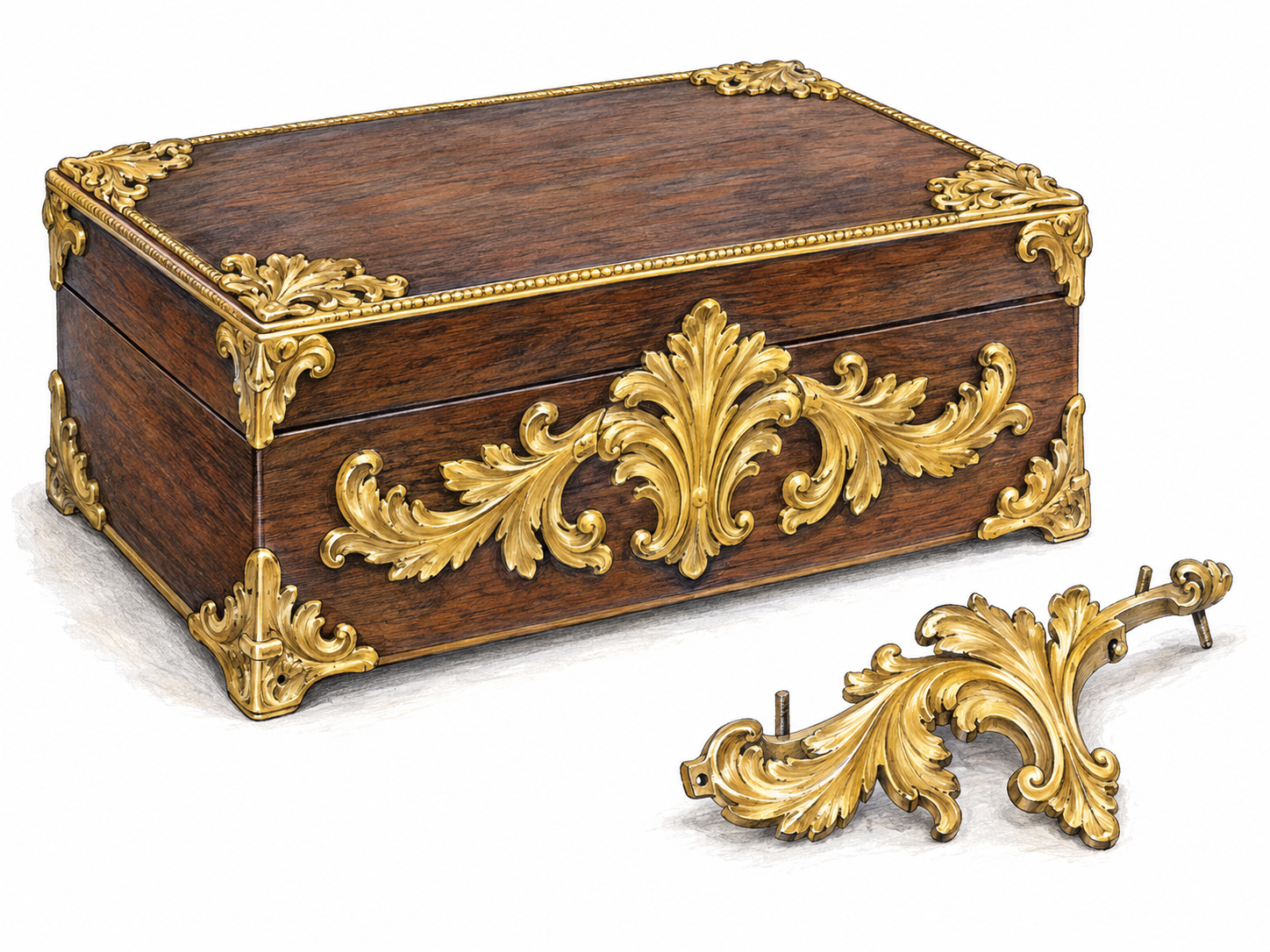 A close view of a dark wooden decorative box with ornate gold-colored gilt-bronze mounts, emphasizing the gilded metal ornament rather than the box itself.