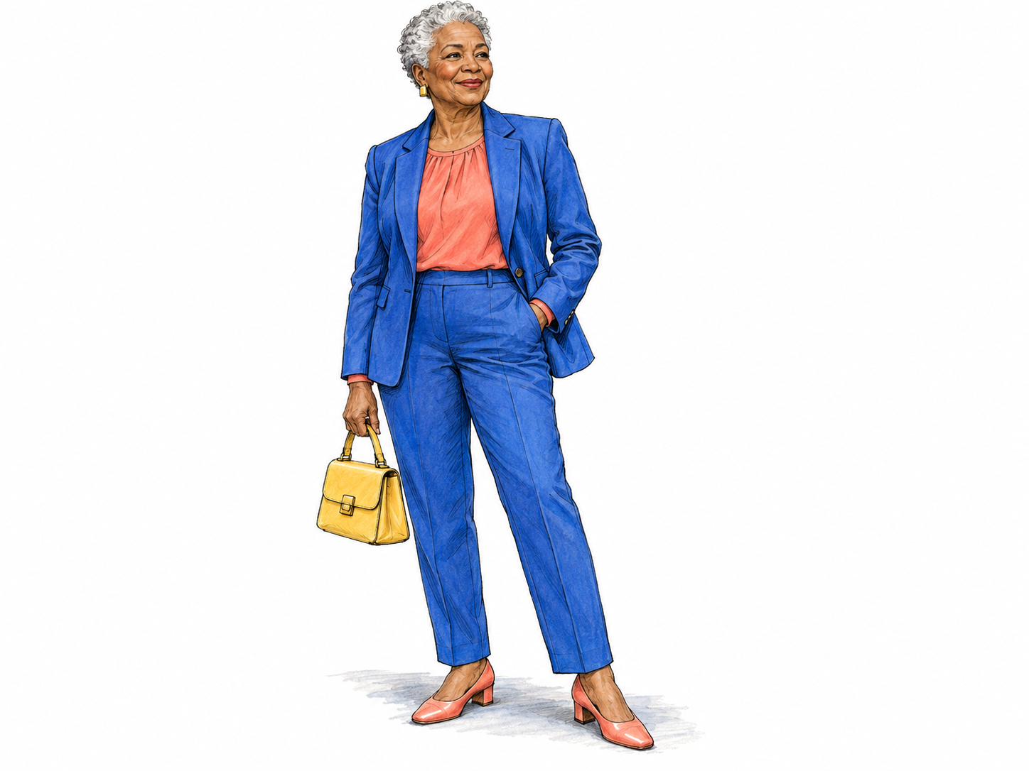 An older woman models a bright, sharply coordinated contemporary outfit: a cobalt-blue tailored pantsuit, coral blouse, sleek yellow handbag, and polished modern shoes.