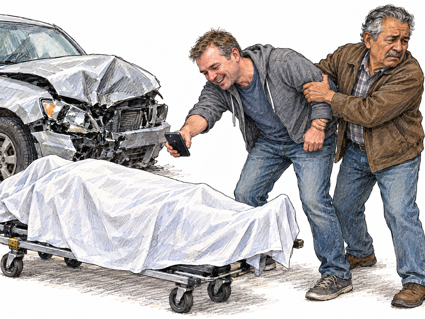 An eagerly fascinated bystander tries to photograph a covered body beside a wrecked car while his disturbed companion attempts to draw him away.