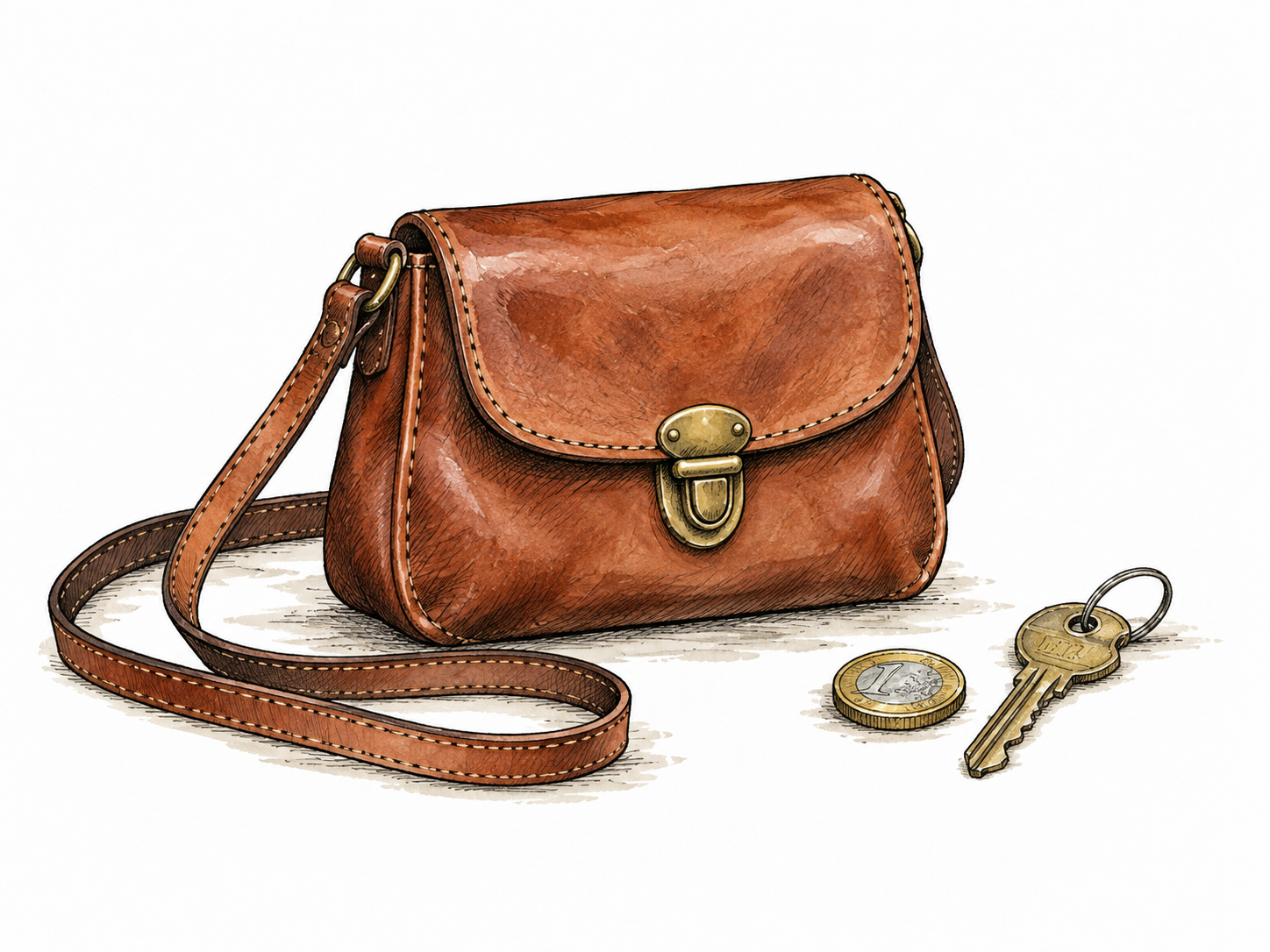 A small leather purse with strap and clasp rests beside a coin and key.