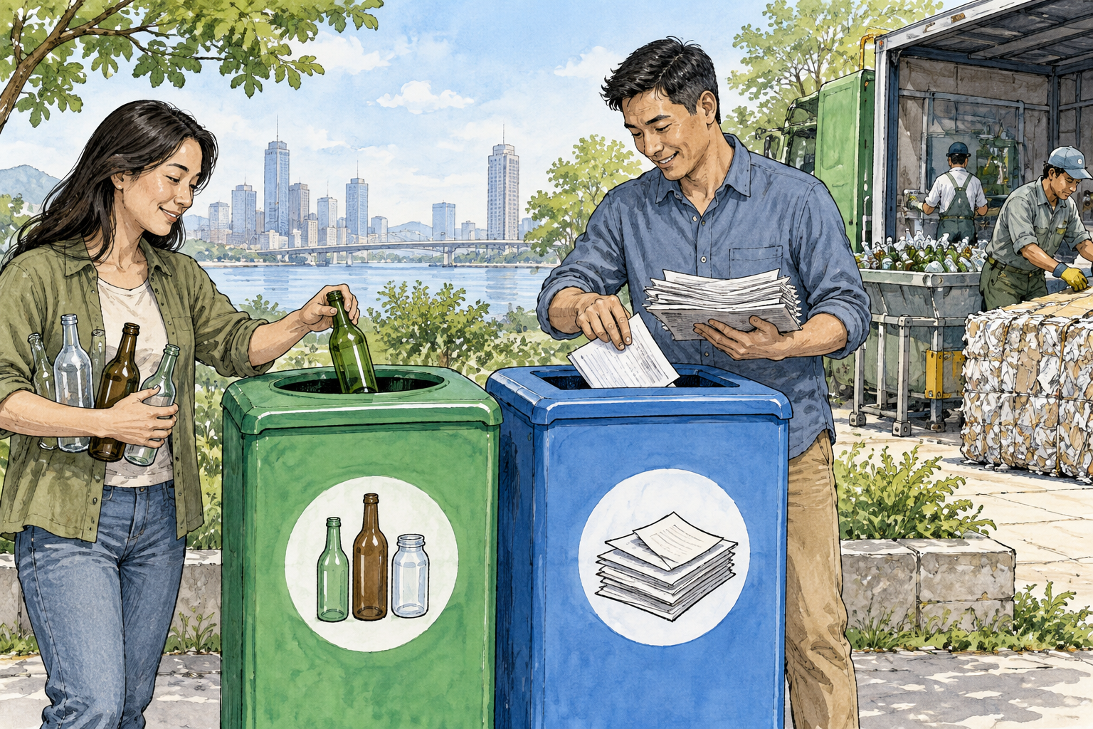People sort used glass bottles and paper into separate recycling containers with simple material pictograms only, processing for reuse, no words.
