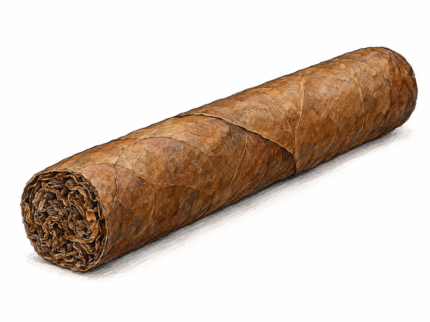 A single unlit, unbanded cigar with a clearly visible tobacco-leaf wrapper and an open end showing tightly rolled tobacco, isolated on white.