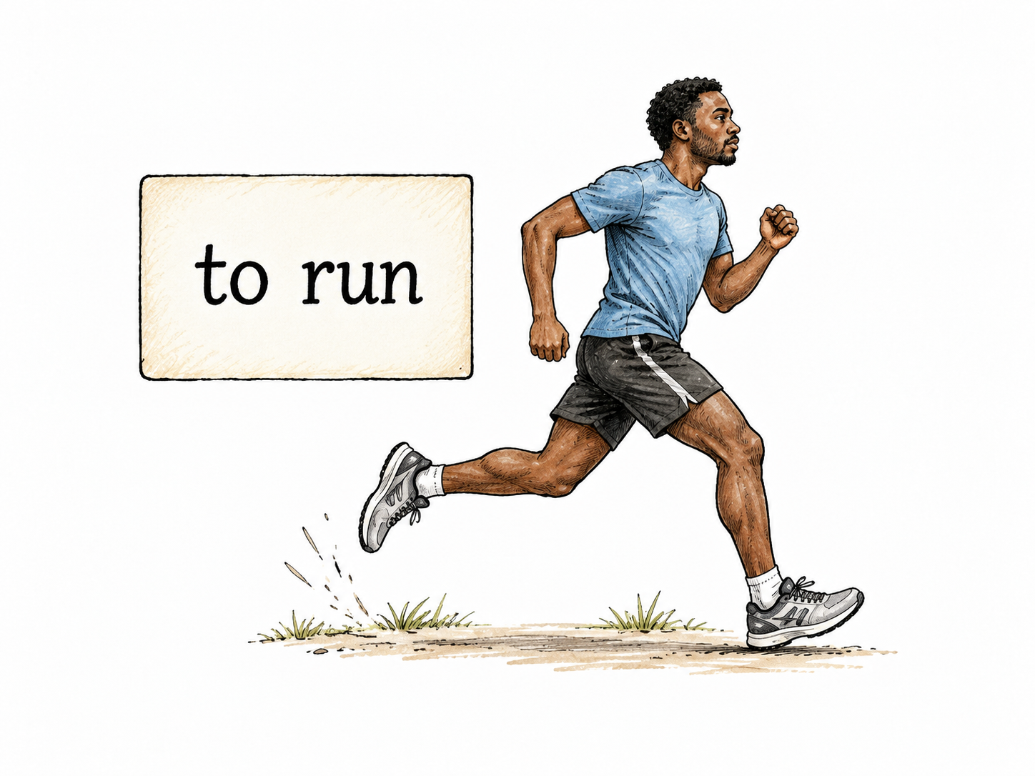 A plain classroom card displays ONLY the essential grammar example “to run” in small clear ink lettering; beside it a small naturally drawn runner illustrates the base verb.