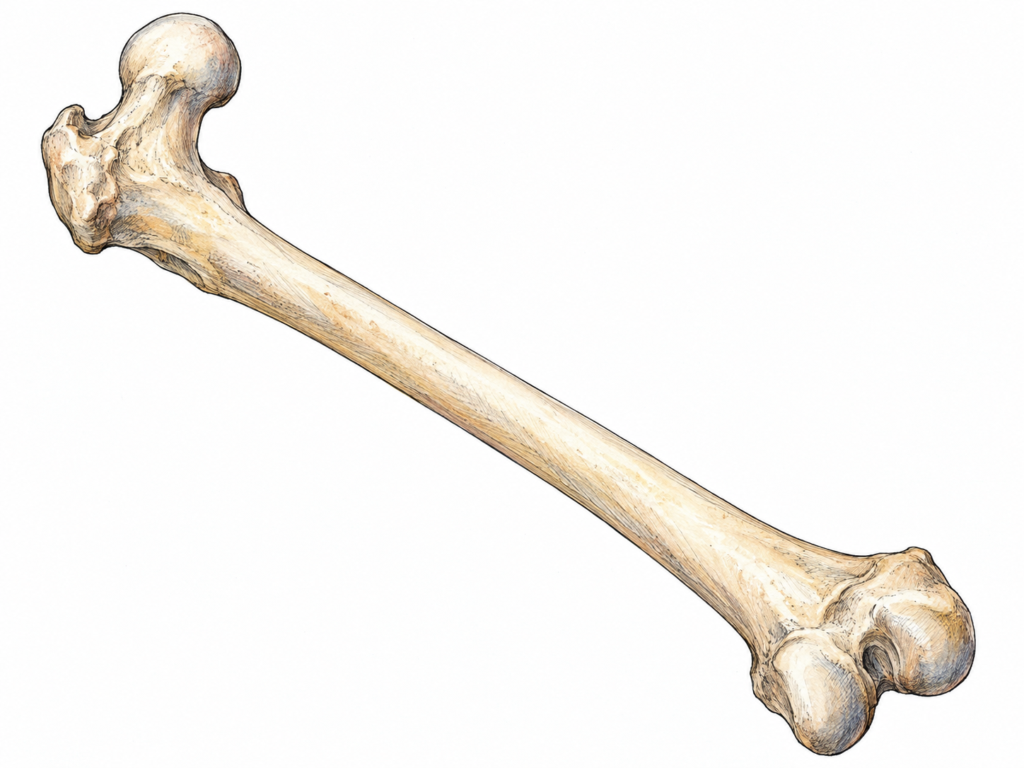 A single anatomically accurate human femur, isolated diagonally on white, with its rounded head, long shaft and broad knee-end condyles clearly visible.
