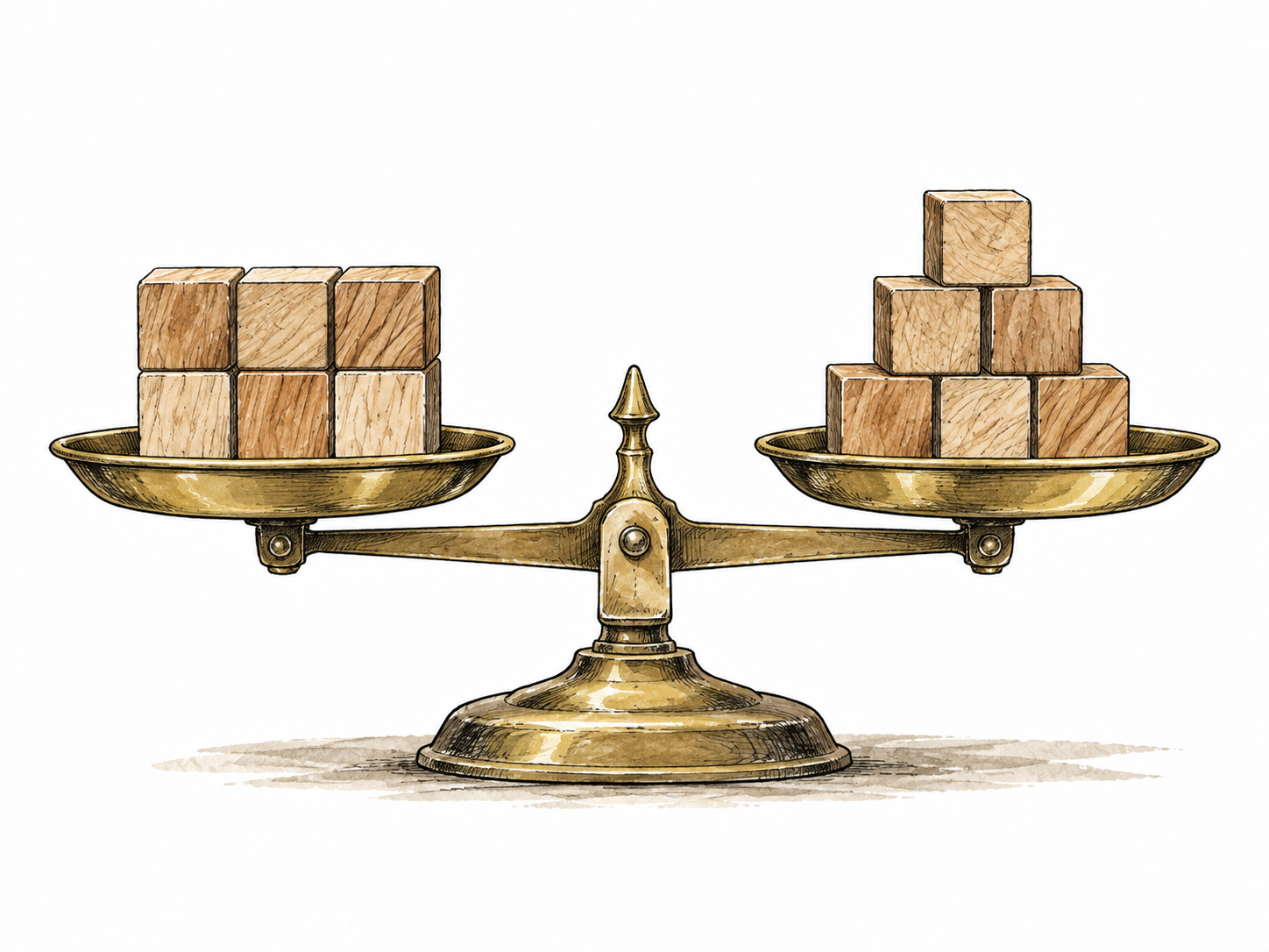 Two visibly different arrangements of the same six wooden blocks balance equally on opposite scale pans.