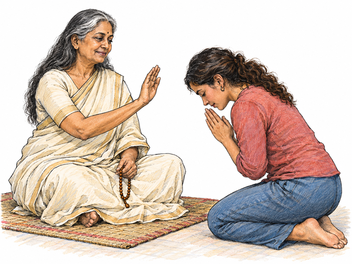 A respected spiritual teacher sits quietly on a low woven mat while a visitor bows deeply before her with joined palms.