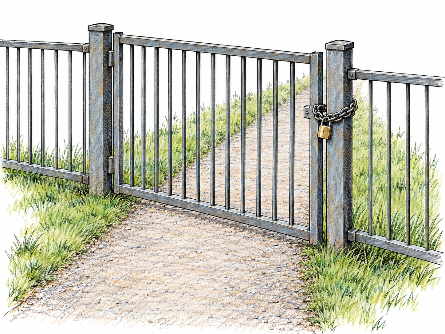 A locked metal gate spans a narrow footpath between two fence sections, visibly preventing passage along the path.