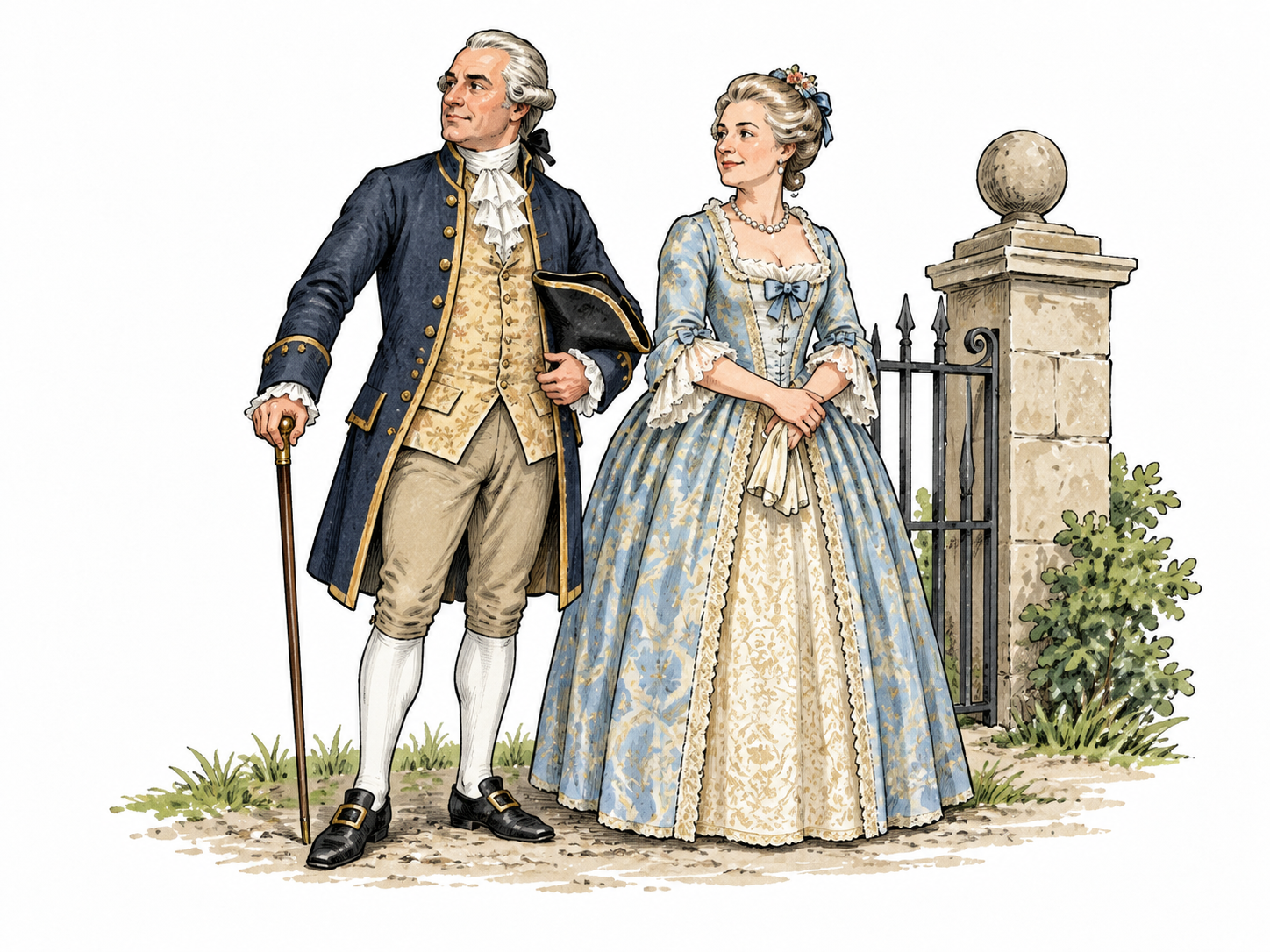 Eighteenth-century English landowning couple in fine but non-royal coats by a small estate gate, respectable social rank below nobility, no crowns.