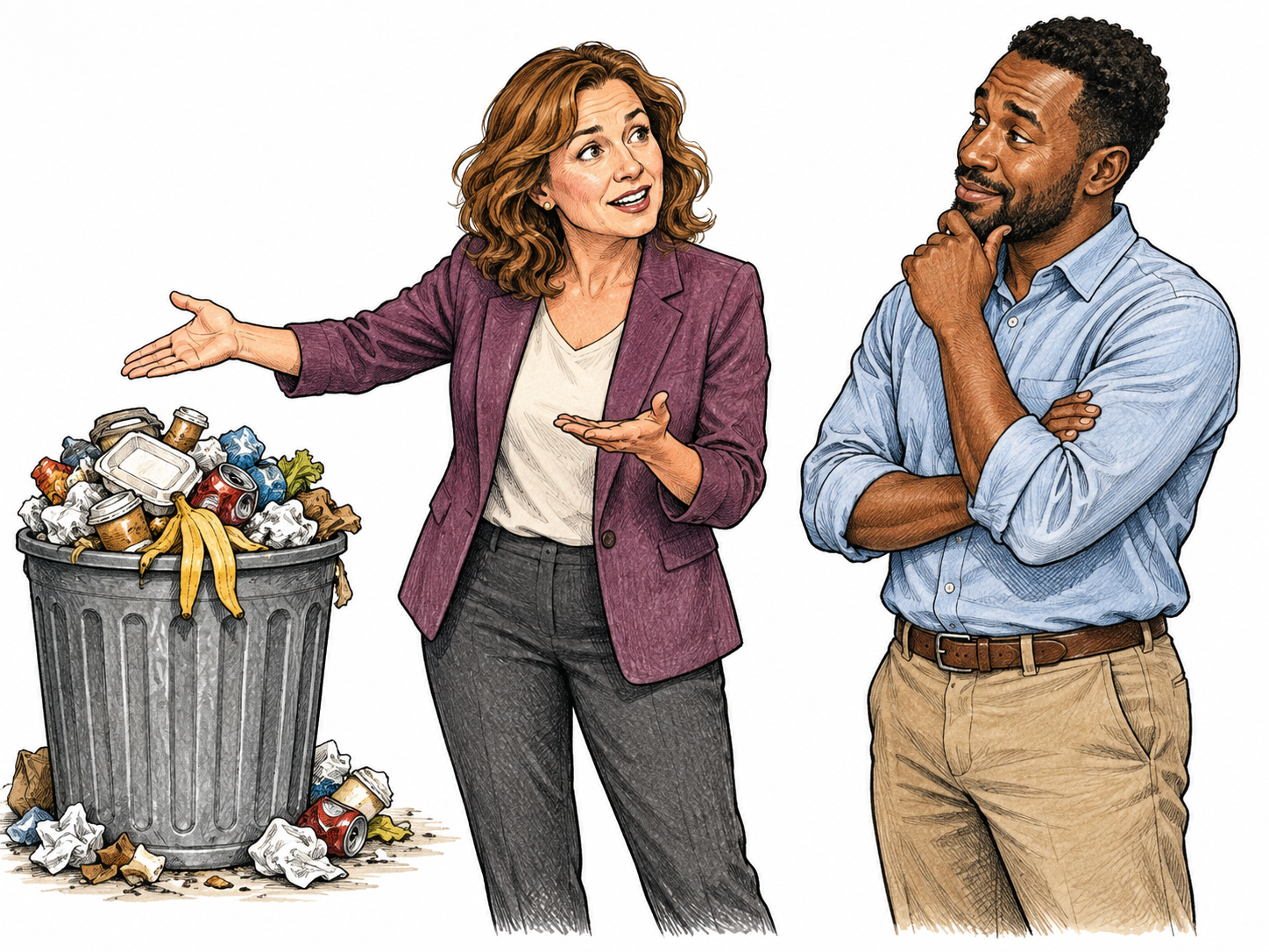 Speaker gestures to an obviously overflowing trash bin with a questioning expression while listeners recognize the intended persuasive point; no need for an answer.