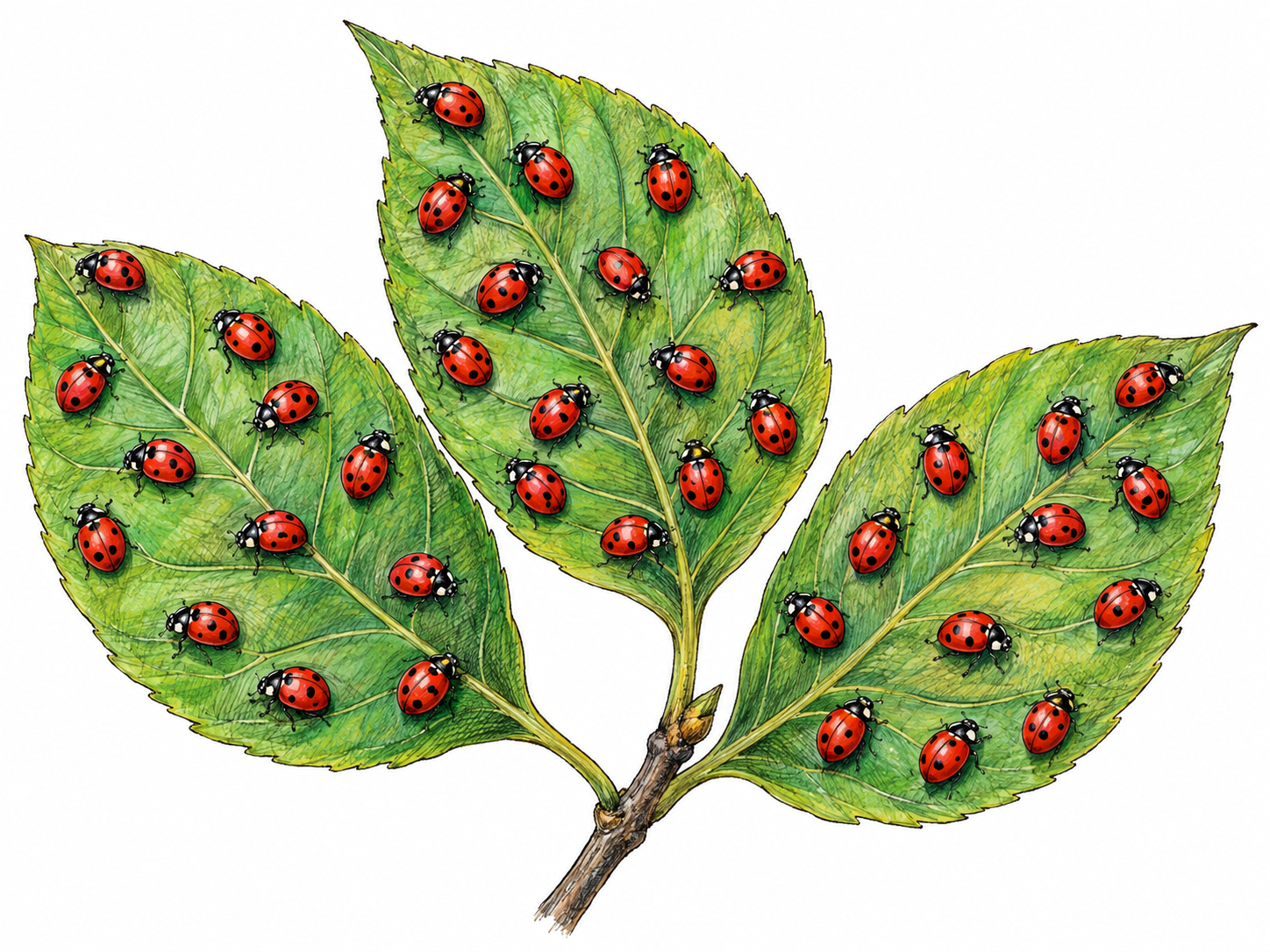 Many individually recognizable ladybugs scattered across three green leaves, making their large number the dominant visual fact.