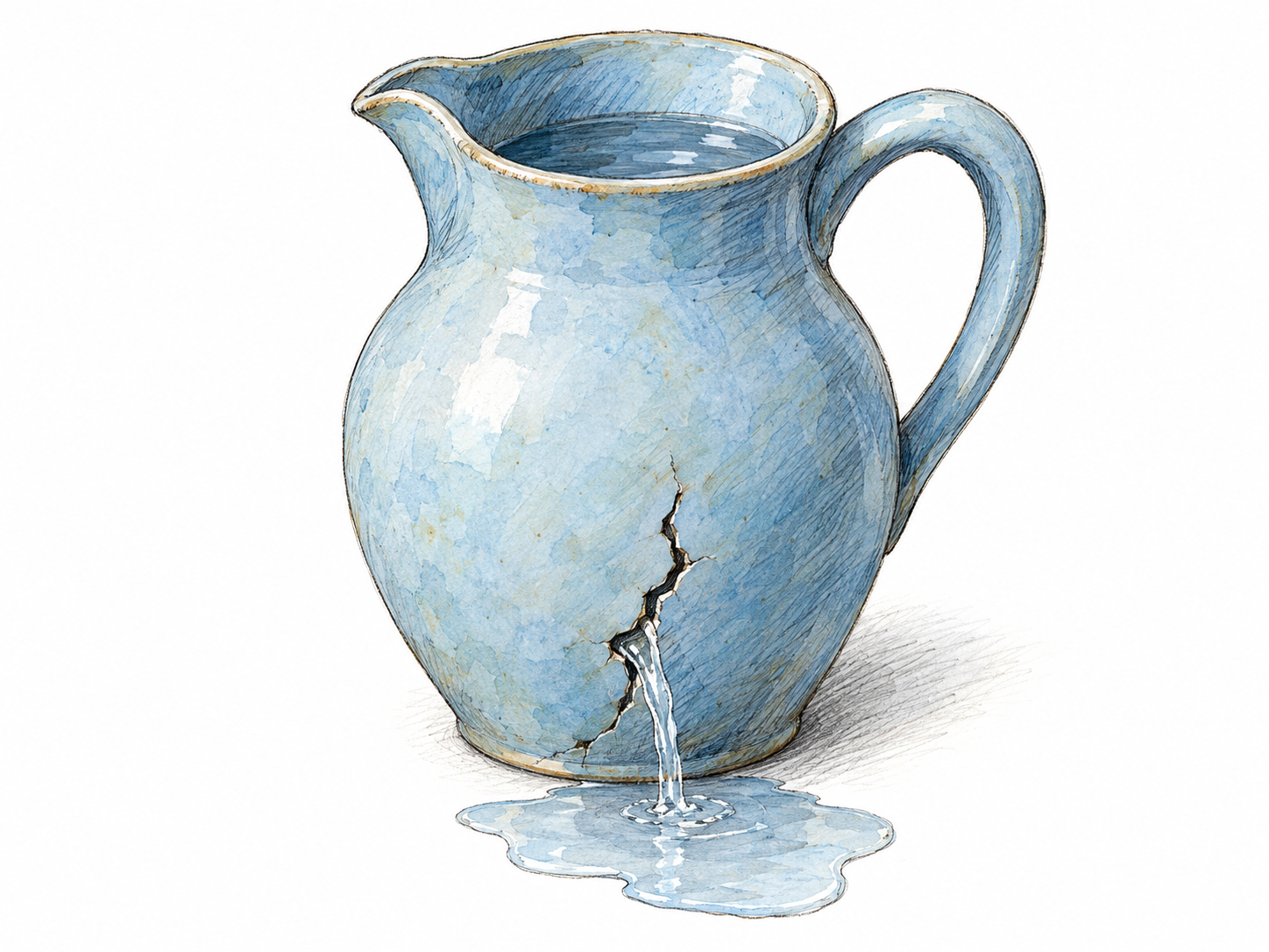 A ceramic jug has a large, plainly visible crack, with water escaping directly through it into a small puddle.