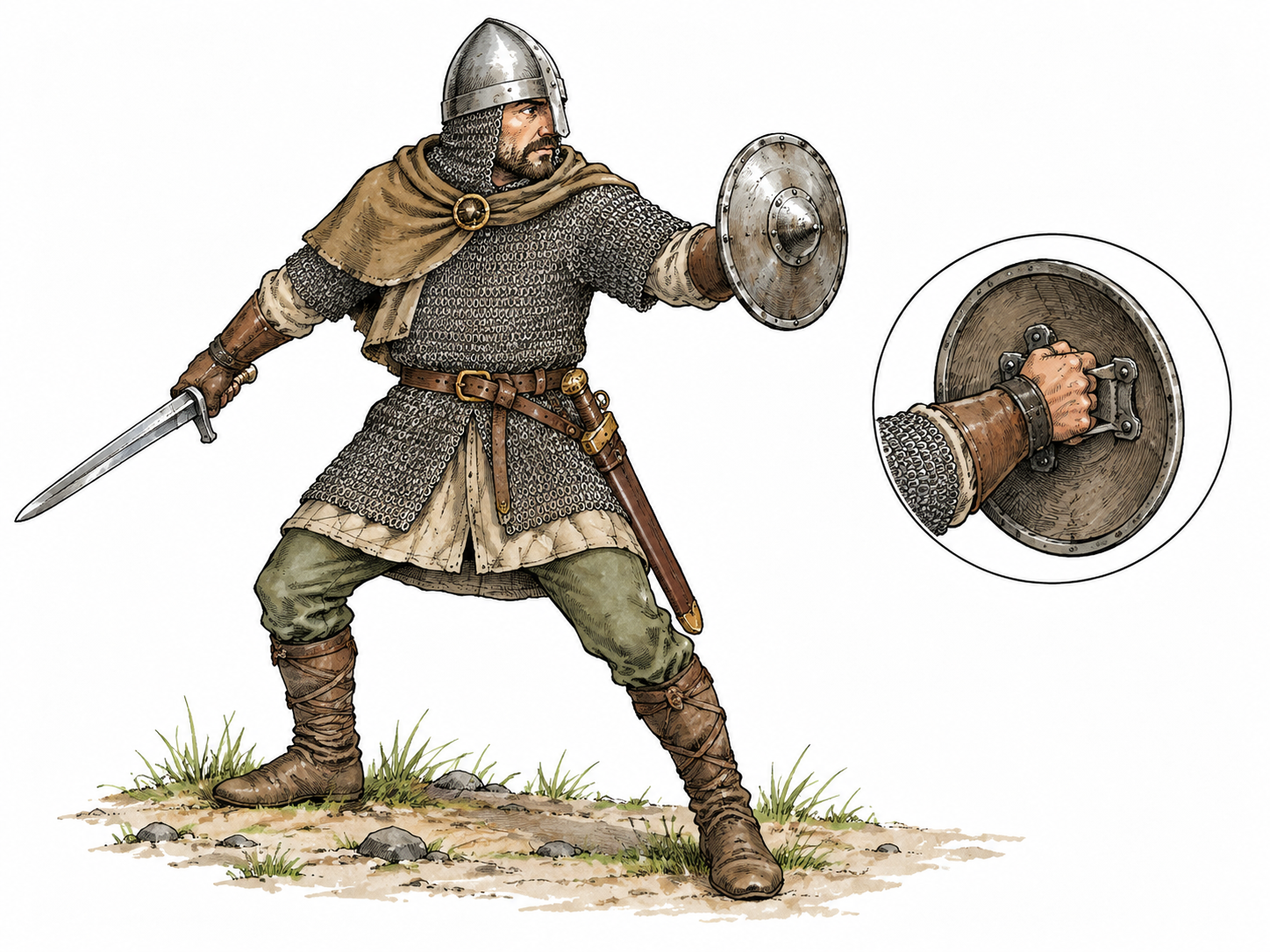 Medieval guard holds small round buckler by central handle, no huge shield.