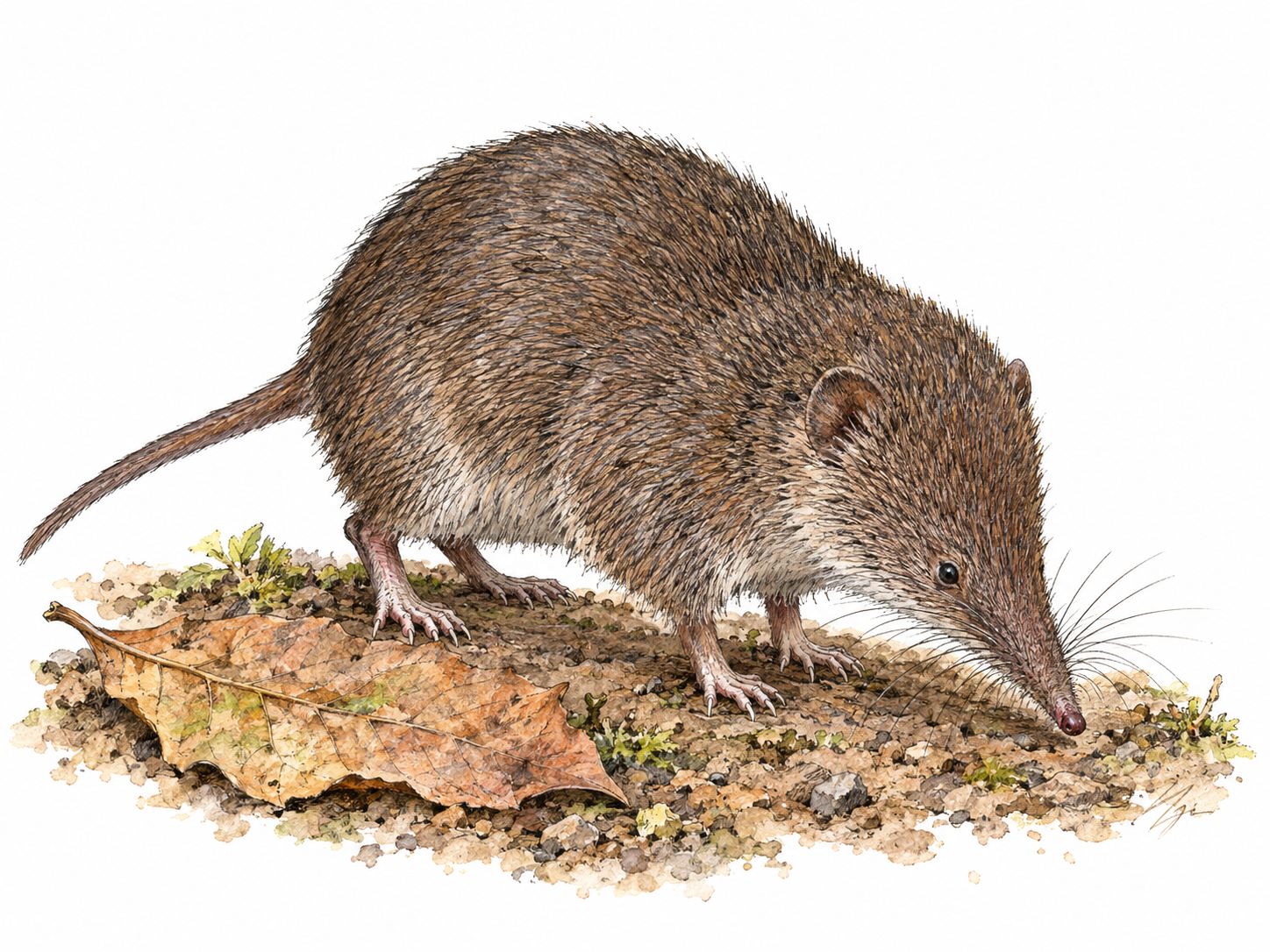 A single shrew in clear three-quarter side view, its elongated pointed snout, tiny eyes, small rounded ears and compact mouse-like body immediately readable beside a fallen leaf.
