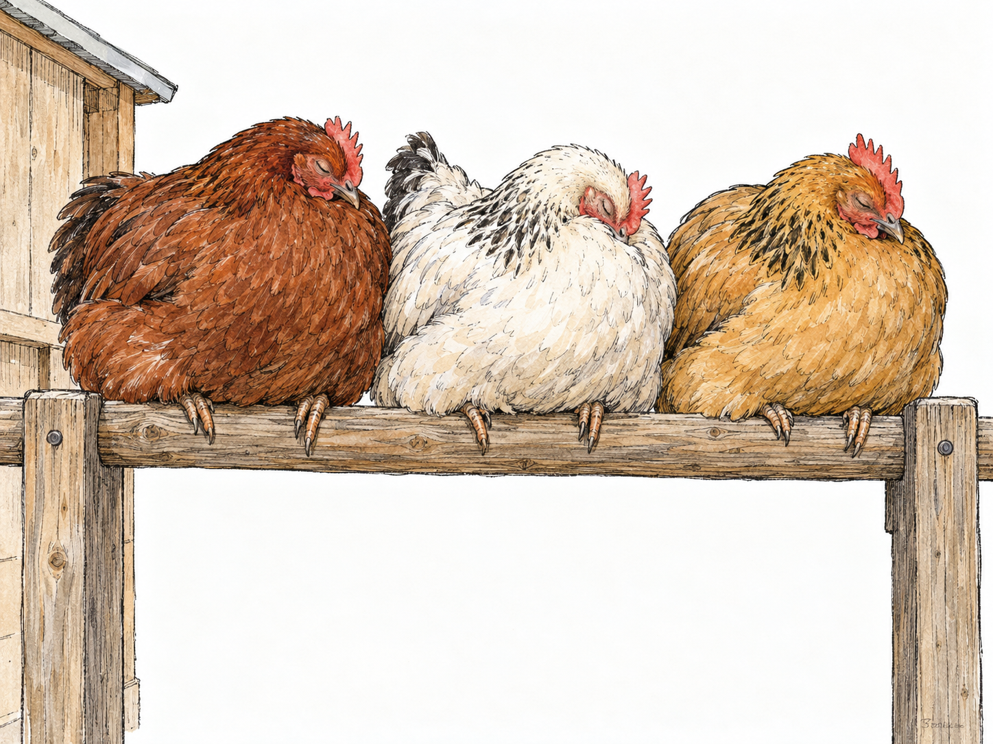 Three hens sleep side by side on a sturdy raised wooden perch inside a minimally indicated chicken coop, making the birds' resting place the central subject.