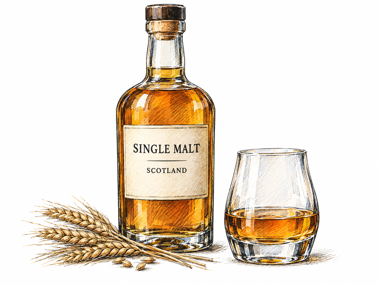 An amber whisky bottle beside a small glass of the same spirit, with a minimal authentic product label identifying single malt and Scottish provenance.