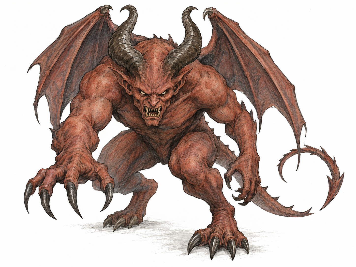 A snarling horned demon crouches forward, baring pointed teeth and reaching with clawed hands; leathery wings and a barbed tail make its demonic nature unmistakable.