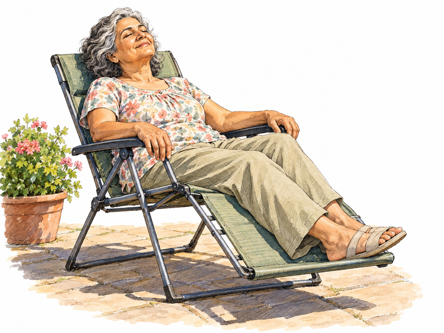 An older woman reclines comfortably in a garden chair, eyes closed and face tilted toward the sunshine, visibly enjoying its warmth.
