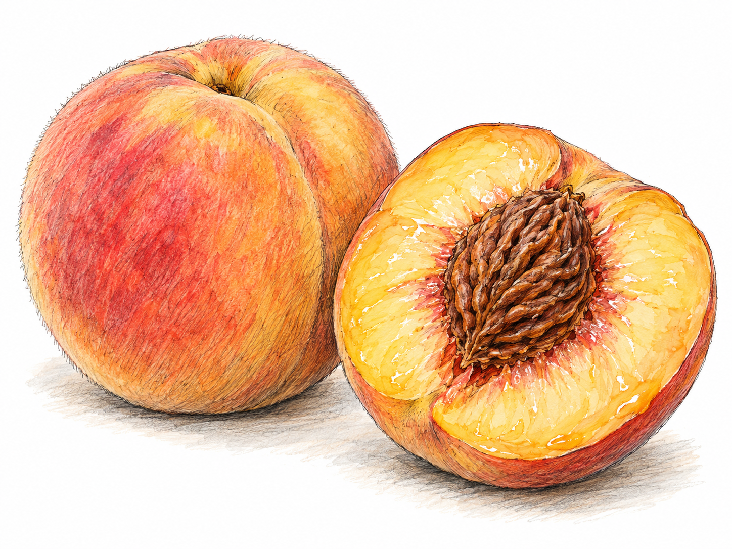 A whole ripe peach beside a cut half, showing softly fuzzy red-and-gold skin, juicy yellow flesh, and one large ridged central pit.