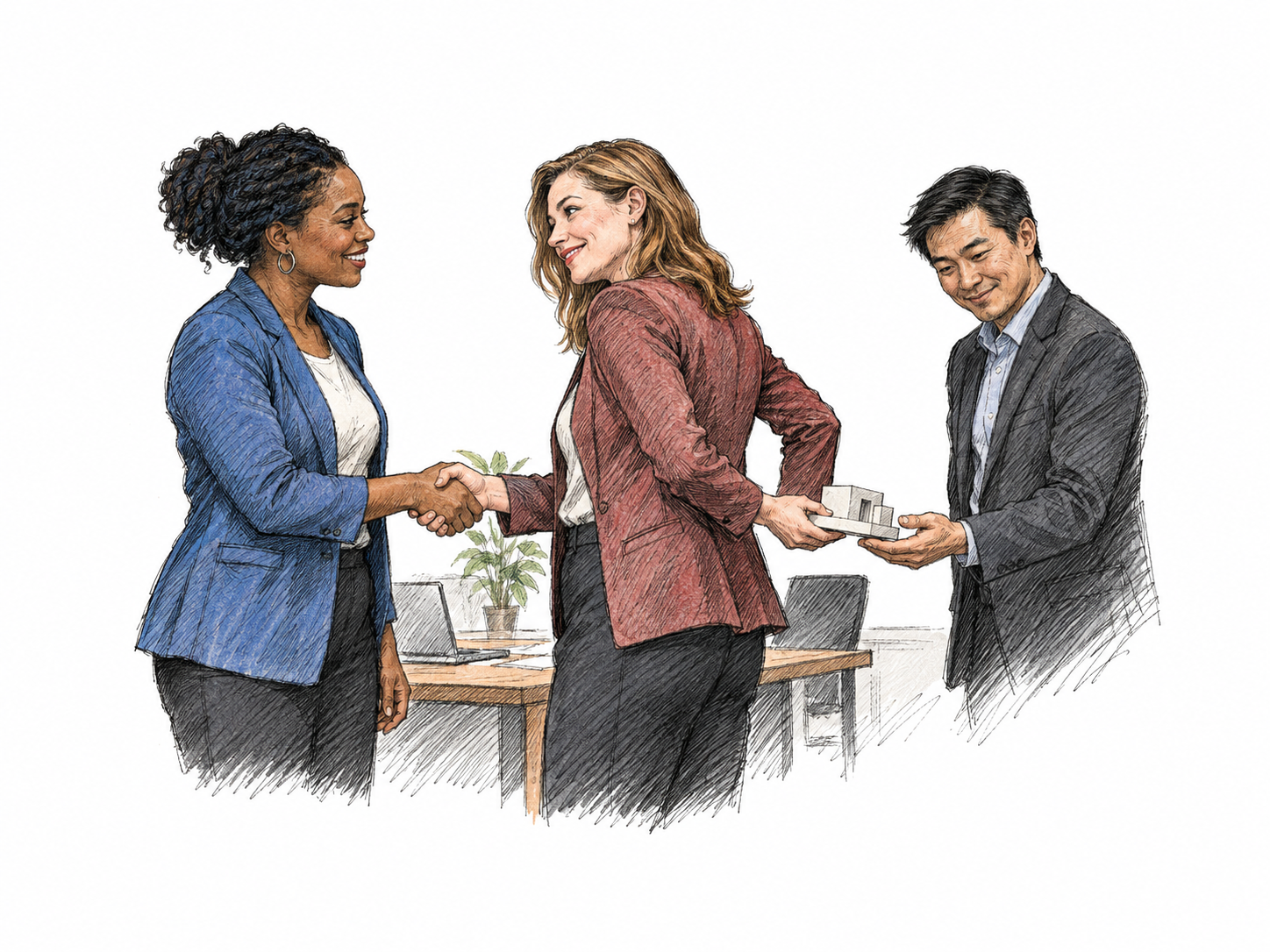 A disloyal colleague smiles while shaking a teammate's hand, but secretly passes that teammate's plain prototype model to a rival behind their back.