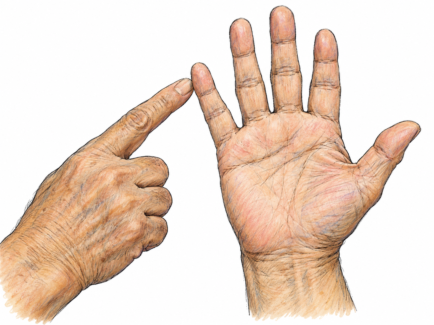 A close-up of an open hand with all five digits clearly separated; the other hand points directly to the smallest finger, making the pinkie unmistakable without text.