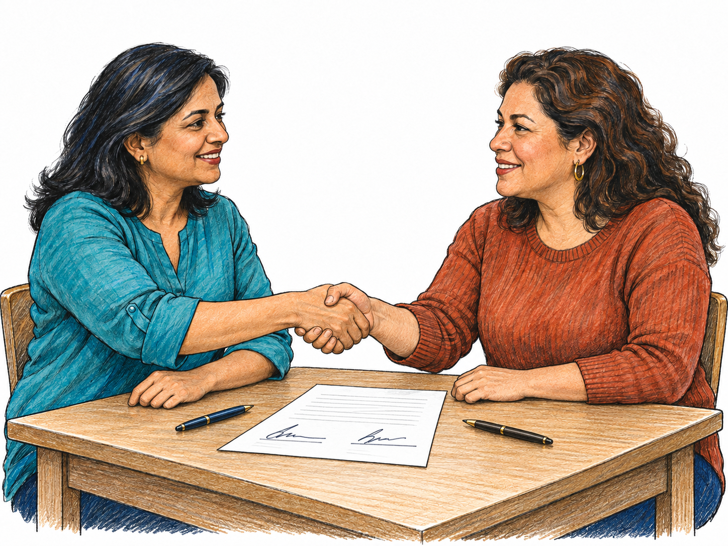 Two adults accept a concrete shared arrangement: seated across a small table, they shake hands while confirming the same meeting time in a brief spoken exchange.