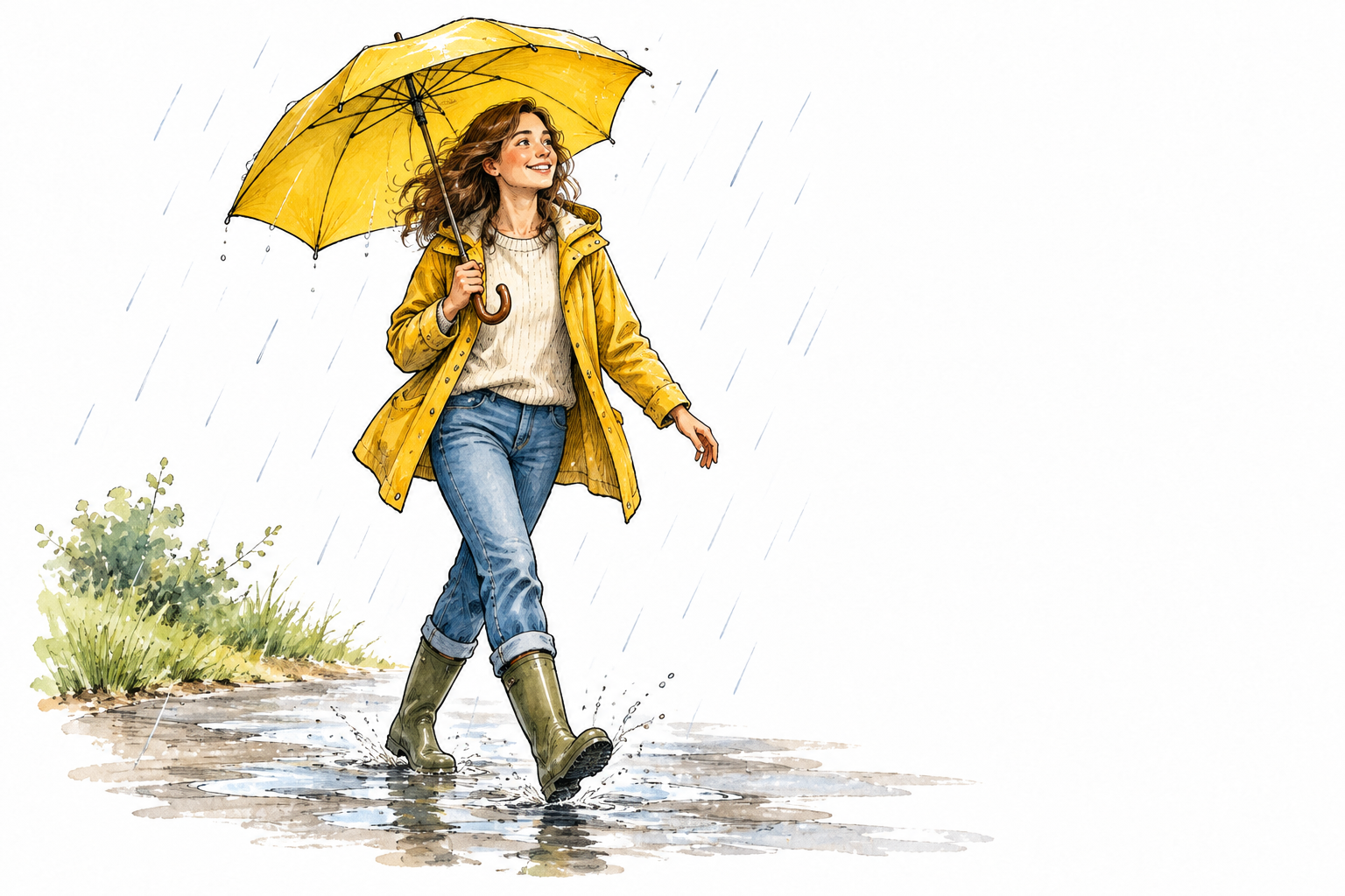 A carefree young adult strolling cheerfully through a light rain with an easy smile, relaxed posture and bright umbrella, no words.