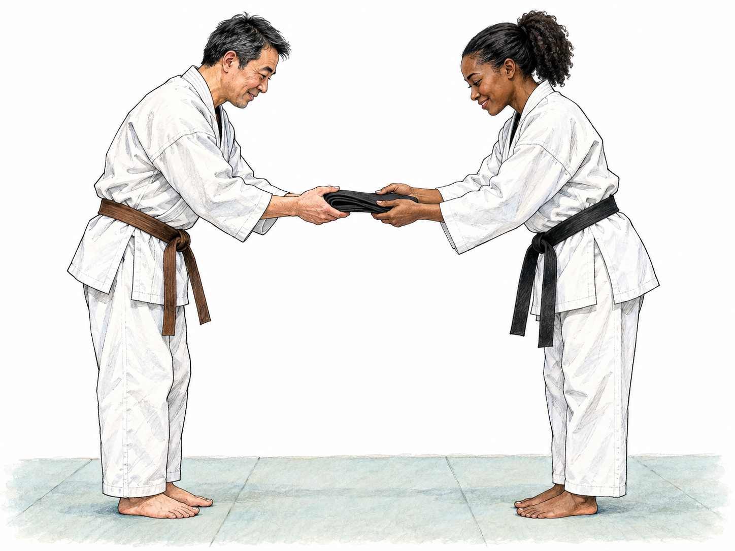 A martial-arts student receives a black belt while still wearing his brown belt, making advancement to a higher skill rank visible.