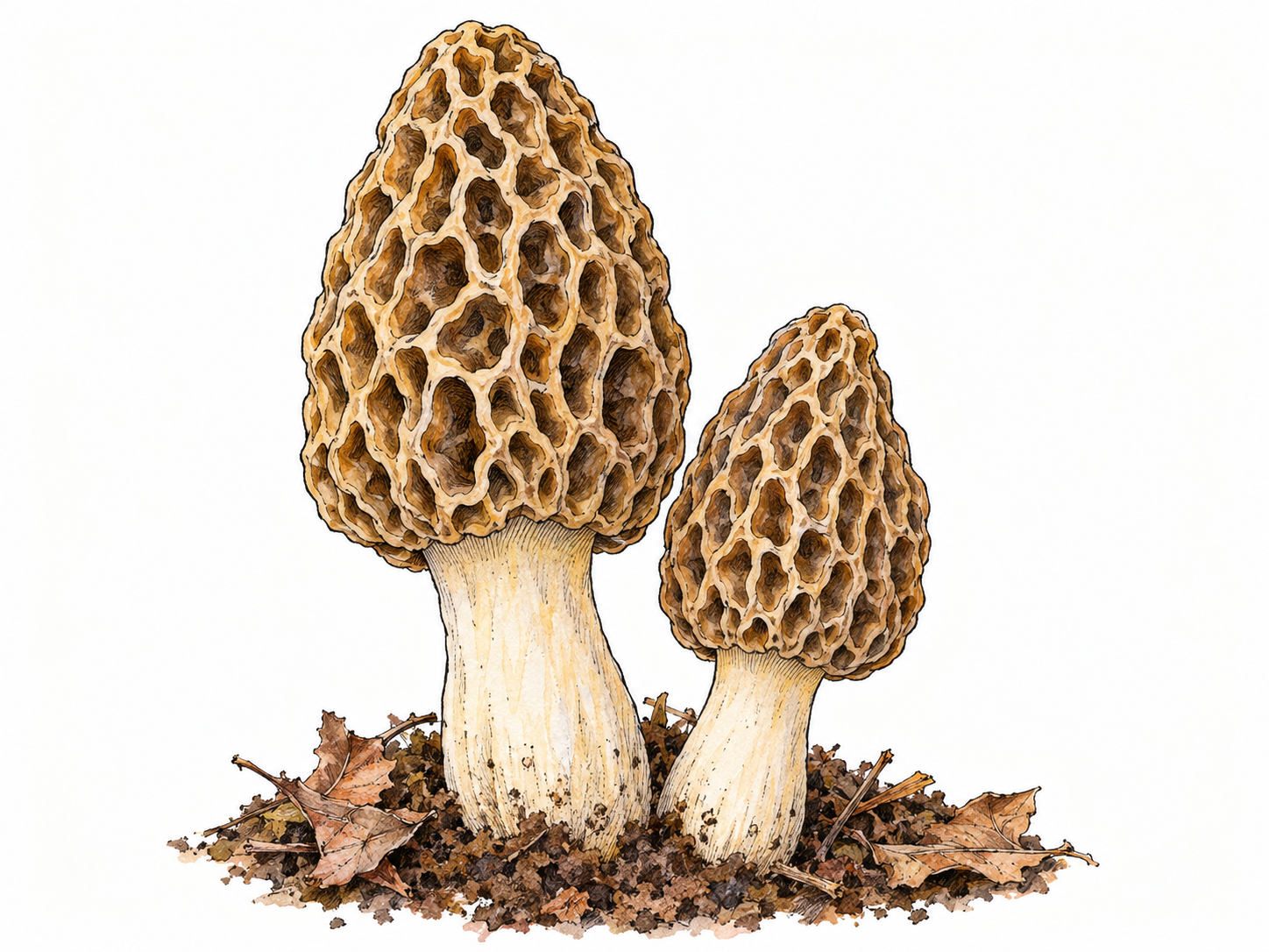 A close botanical view of two true morel mushrooms, emphasizing their distinctive elongated honeycombed caps and pale stems.