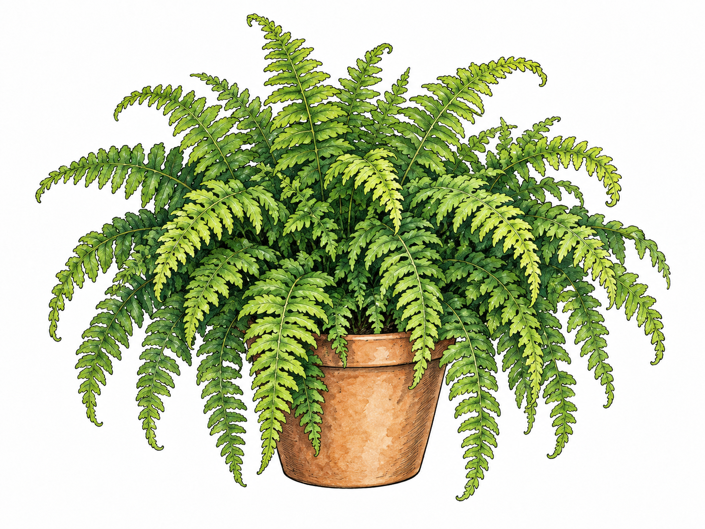 Lush thick green fern with abundant overlapping fronds spilling from simple pot, luxuriant plant growth, white ground.