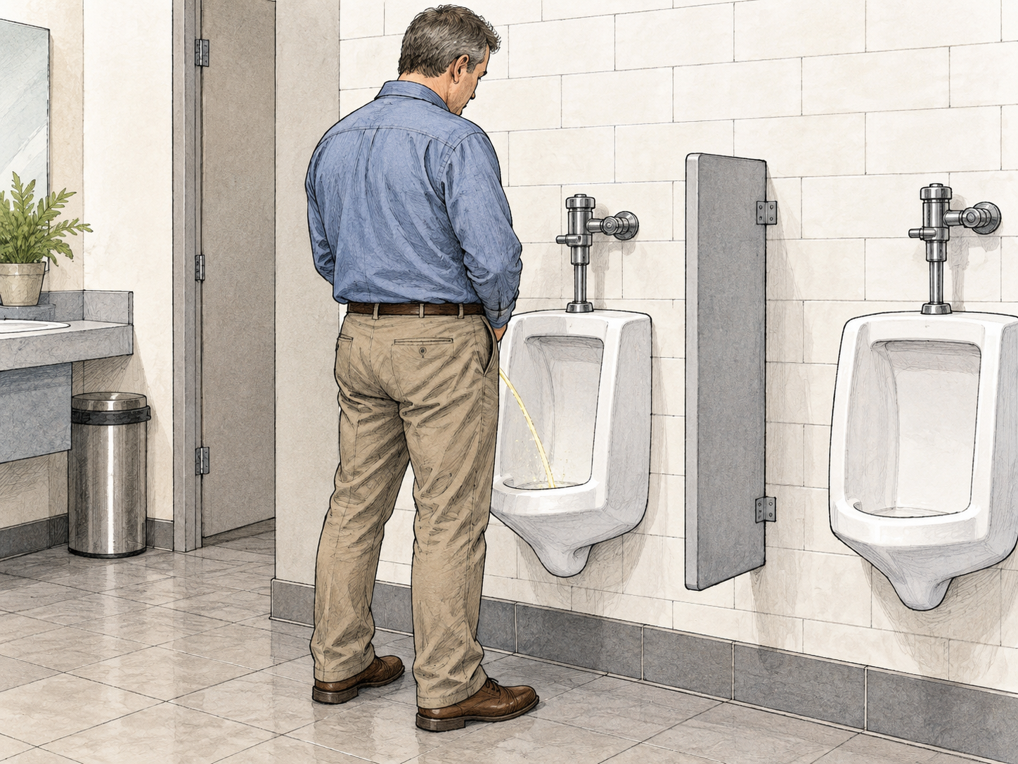 An adult man uses a wall urinal.