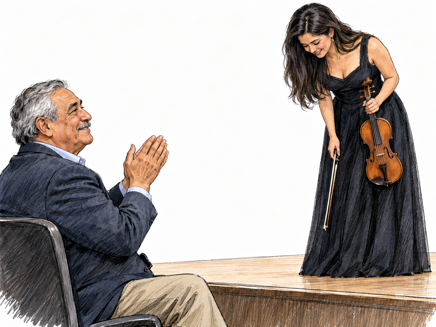 An older audience member smiles and claps toward a young violinist taking a bow, making approval through hand-clapping visible.
