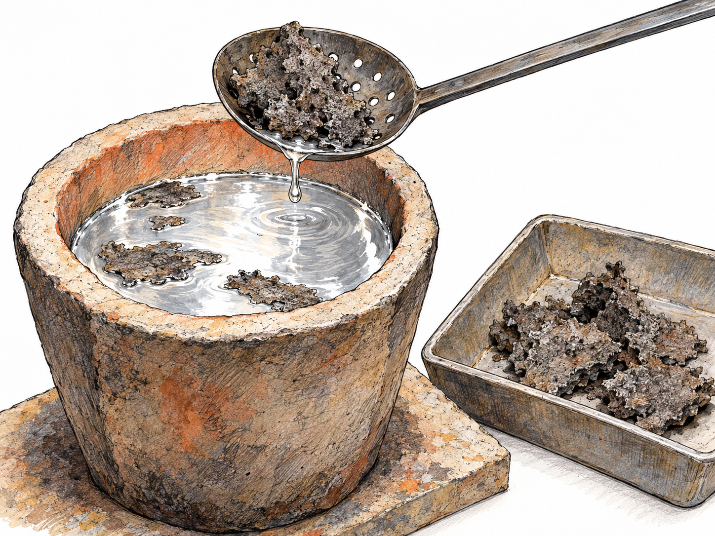 A close-up of metal-refining waste: a perforated skimmer holds dull, crusty dross just above a crucible of bright molten metal, while previously removed crusts collect in a shallow discard tray.