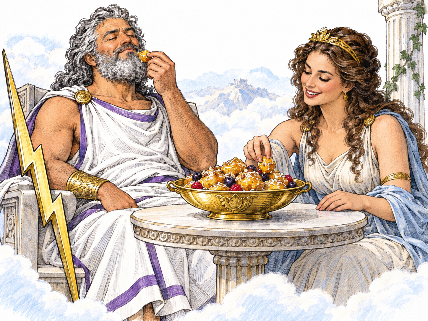 On a cloud-supported Olympian terrace, Zeus and another Greek deity savor food from a shared golden dish.
