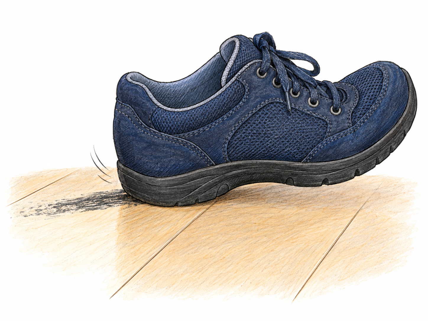 Close-up of a rubber-soled shoe dragging across a pale finished floor, leaving a short dark scuff streak directly behind its contacting heel.