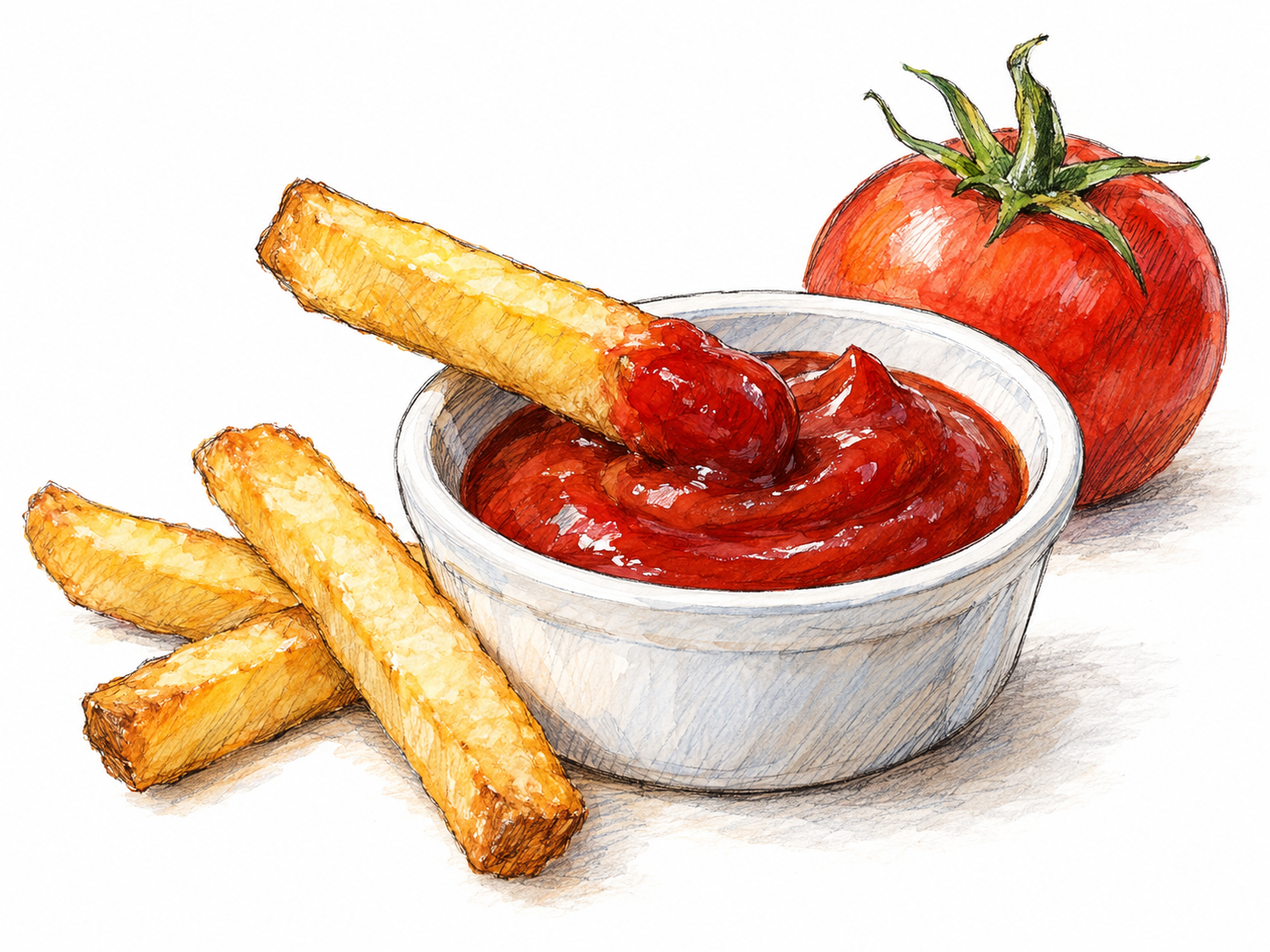 A small dipping dish of thick red ketchup beside golden French fries, with one fry resting across the rim and its tip generously coated; a ripe tomato behind the dish reinforces the tomato base.