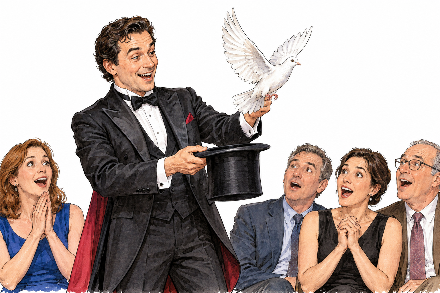 Stage magician summons white dove from empty top hat, surprised adult audience, no supernatural claims.