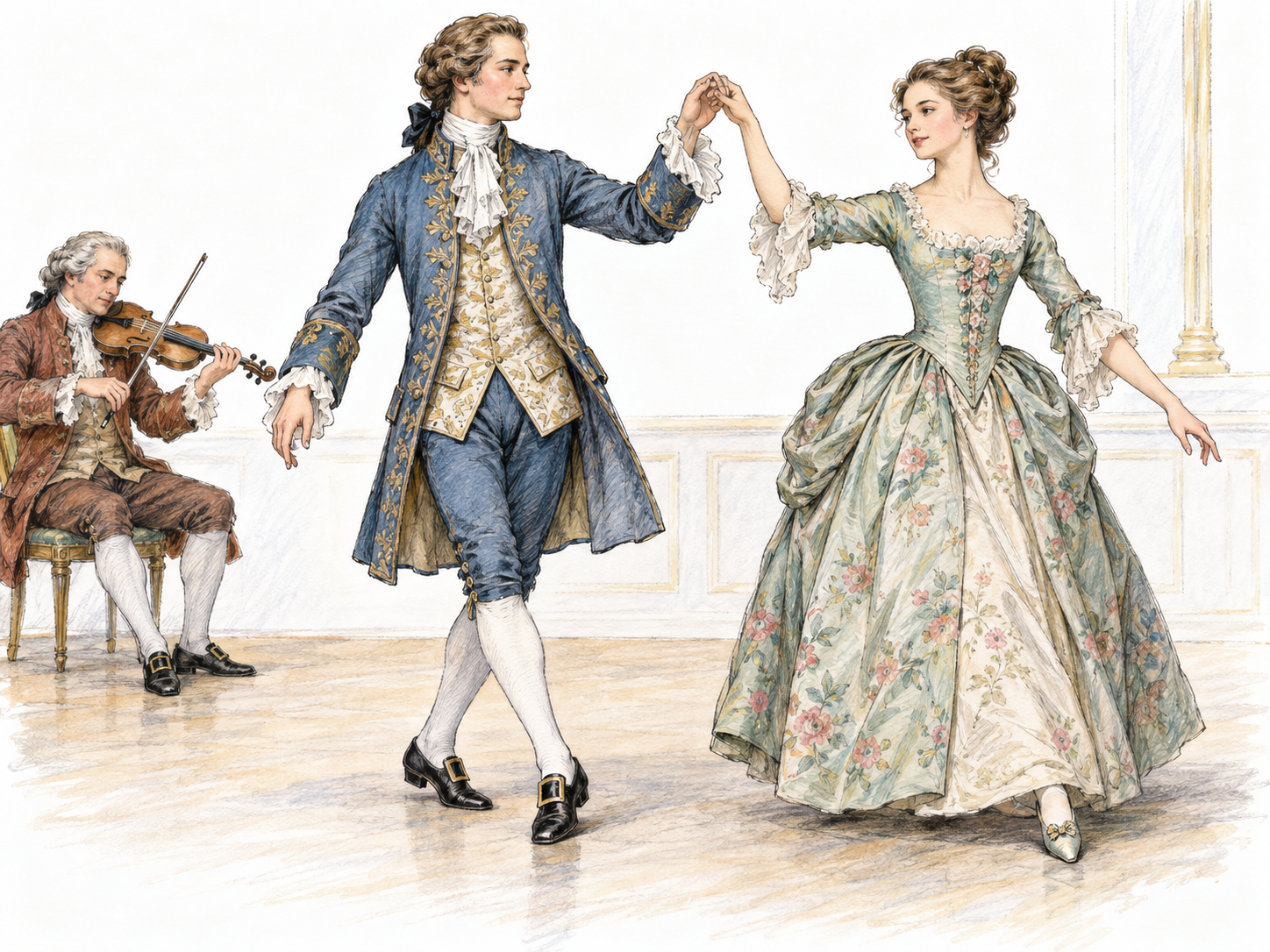 A couple performs a minuet in an early-eighteenth-century French salon.