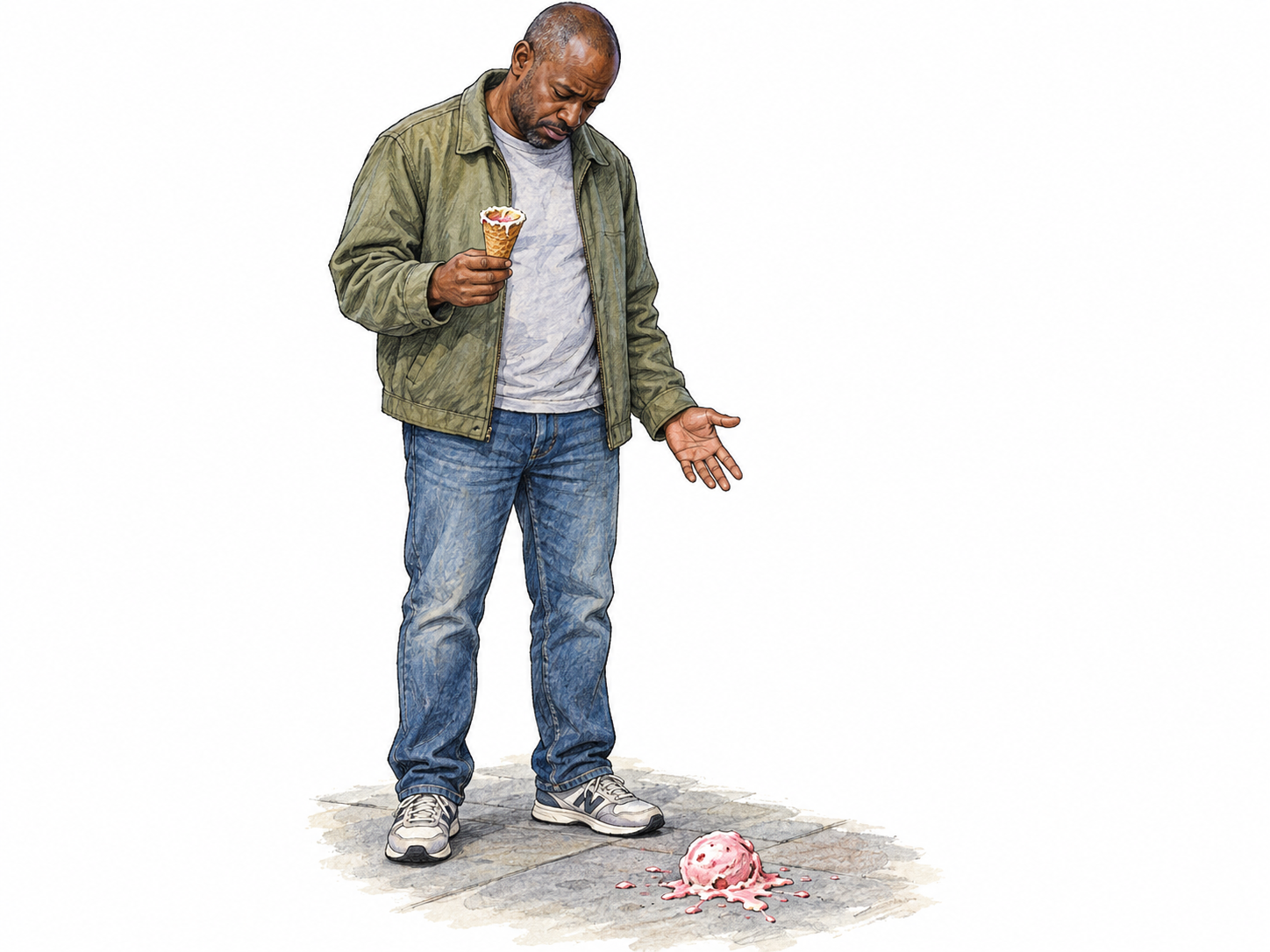A man looks down in dismay at his freshly dropped ice-cream scoop, holding the now-empty cone over the splattered scoop on the pavement.