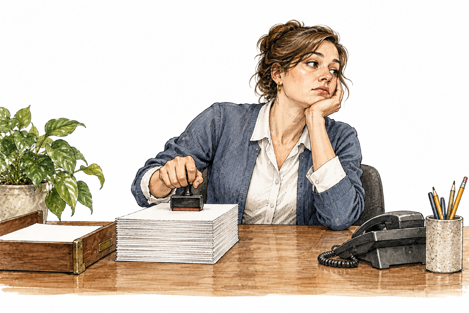 A bored receptionist mechanically stamps a stack of blank forms while looking away, careless routine performance.