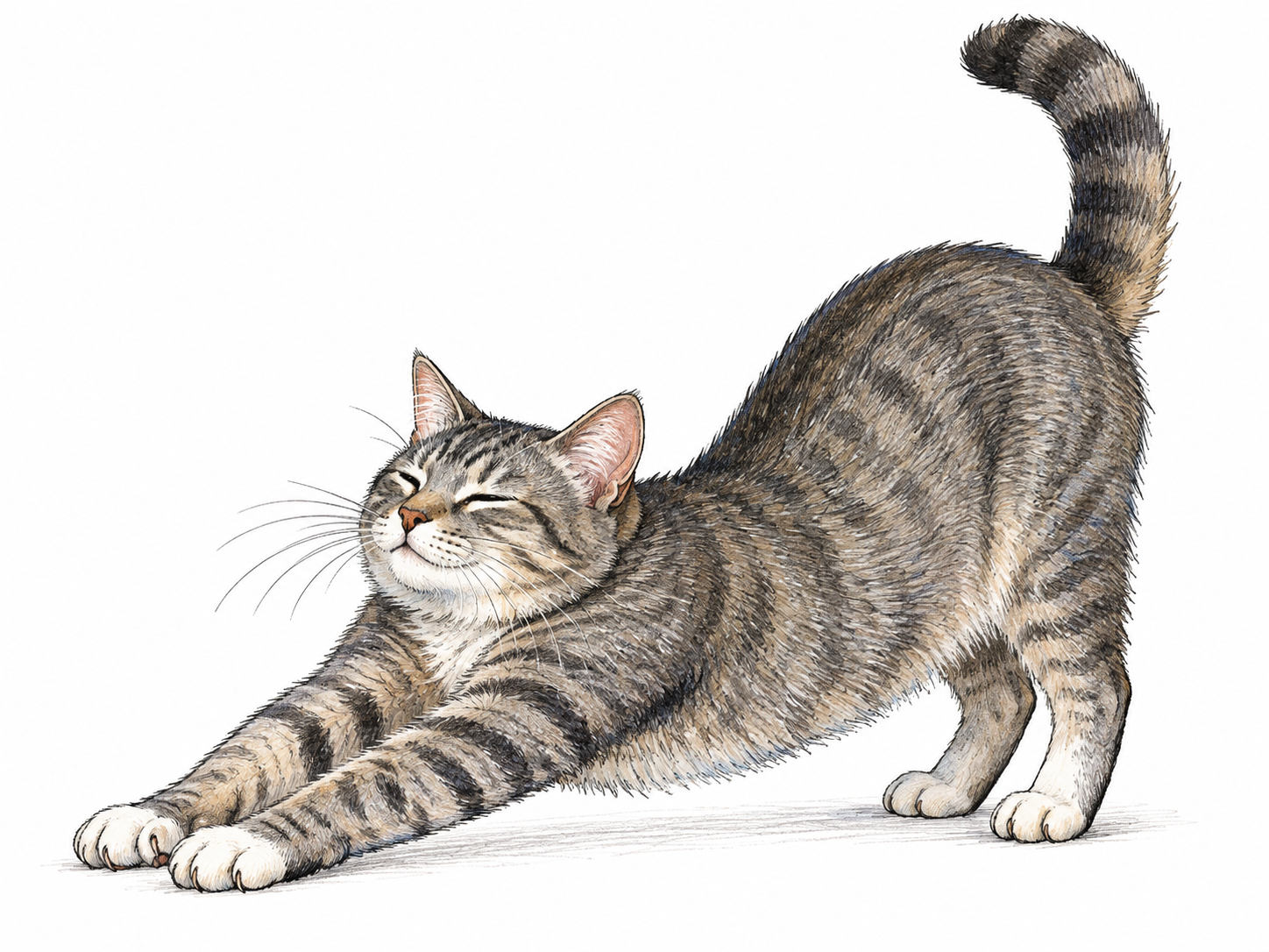A domestic gray tabby cat stretches lazily with front paws extended and tail raised, natural anatomy and whiskers; plain white ground with no accessories or writing.